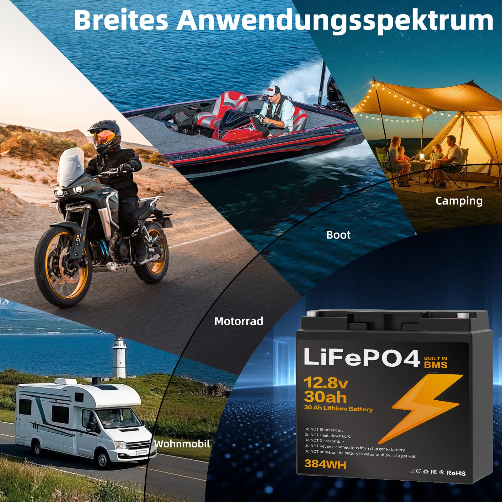 12.8V 30Ah LiFePO4 Batterie, für Wohnmobil, Wohnwagen, Boot