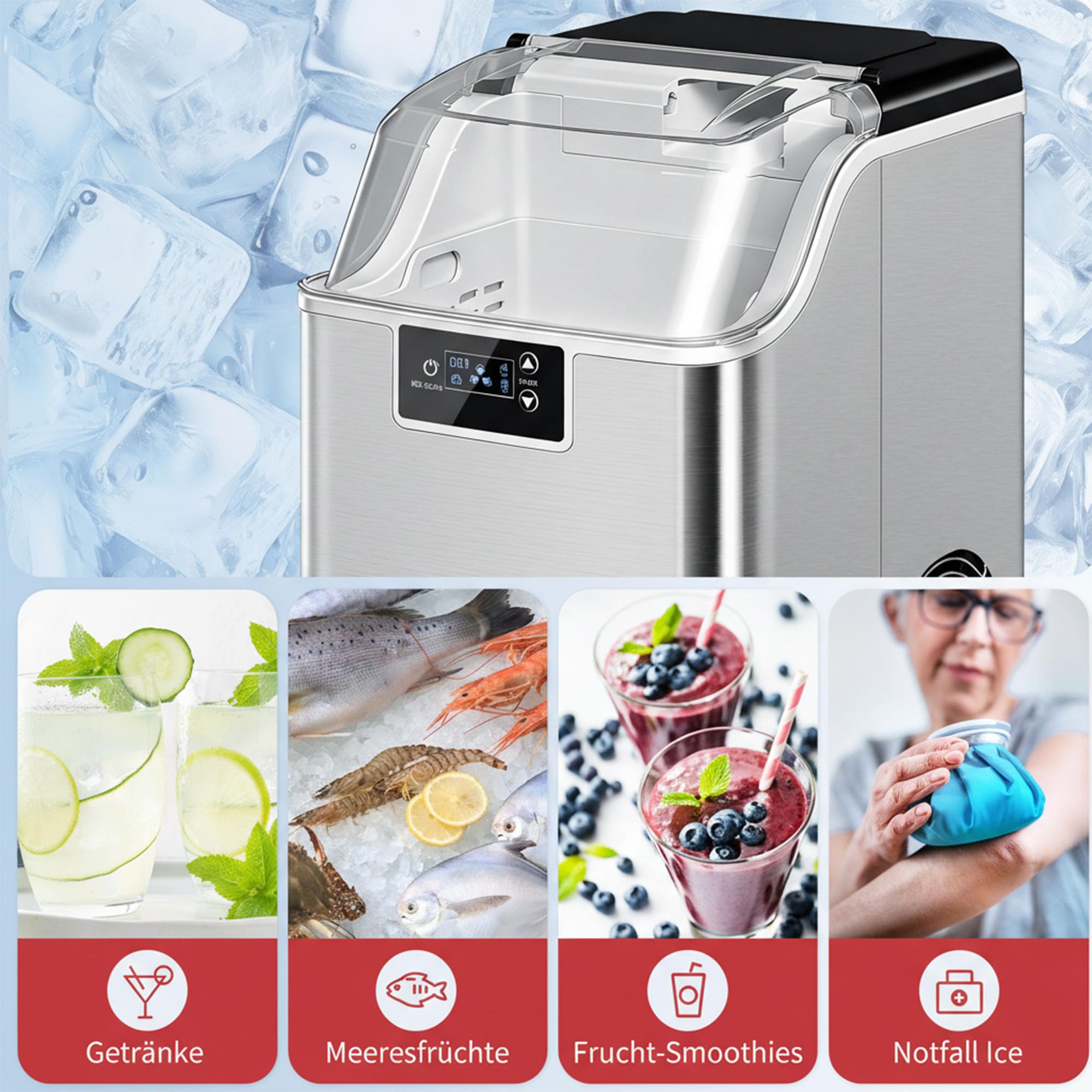 HOMCOM Eiswürfelmaschine Edelstahl Ice Maker 20kg/24h Eiswürfeln | 2,1L Wassertank, 24 Nugget pro Durchgang, Selbstreinigender Eiswürfelbereiter, Eisschaufel und Korb, Für Küche Büro Party