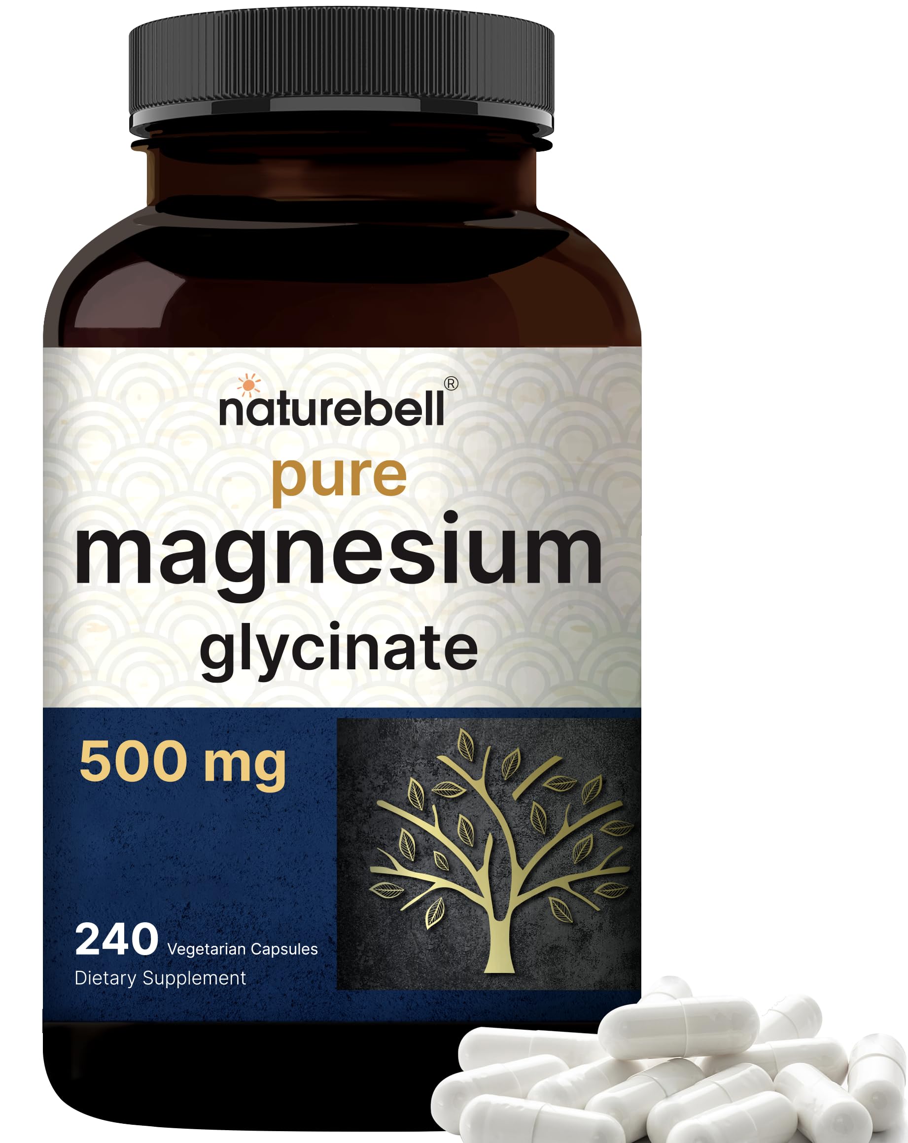 NatureBell Magnesium Glycinate Capsules 500mg | 240 Count, 100% Chelated & Purified, 3rd Party Tested, Non-GMO & Gluten Free 240 Count (Pack of 1)