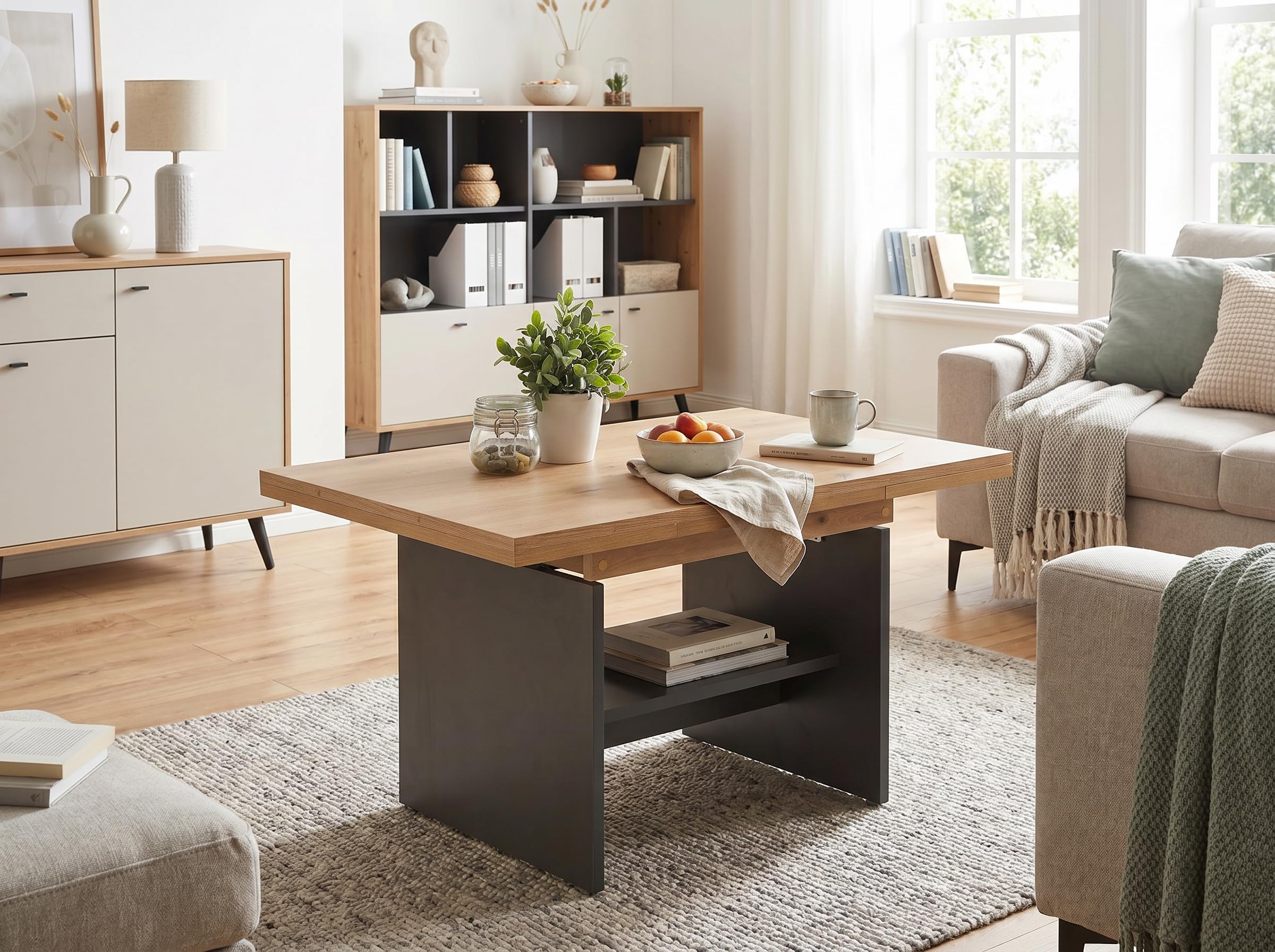 Hela Tische, Couchtisch Wohnzimmertisch Marcel, Holzwerkstoff melaminbeschichtet, Artisan Eiche, ausziehbar 90-142cm, höhenverstellbar mit Kurbel 47-57cm