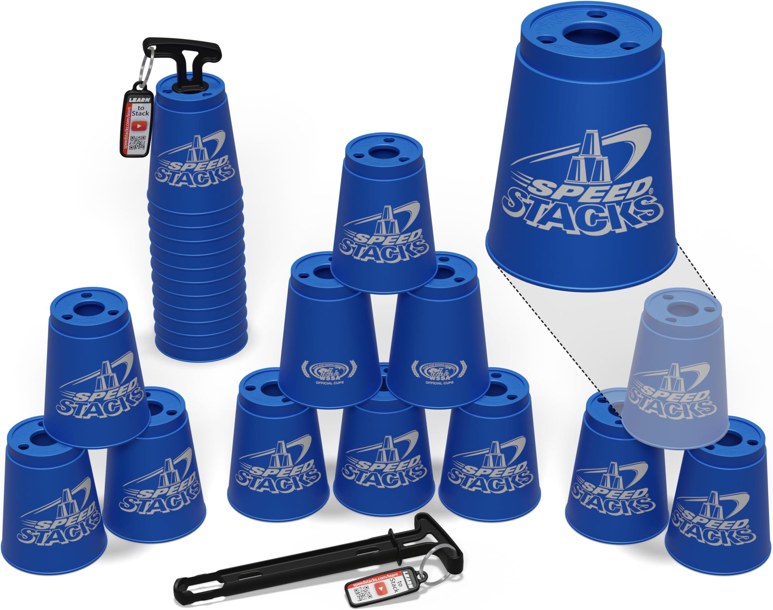 Official Sport Stacking Set, Blue - 12 Cups and Holding stem | Top Grade Materials, Low Friction | WSSA Approved