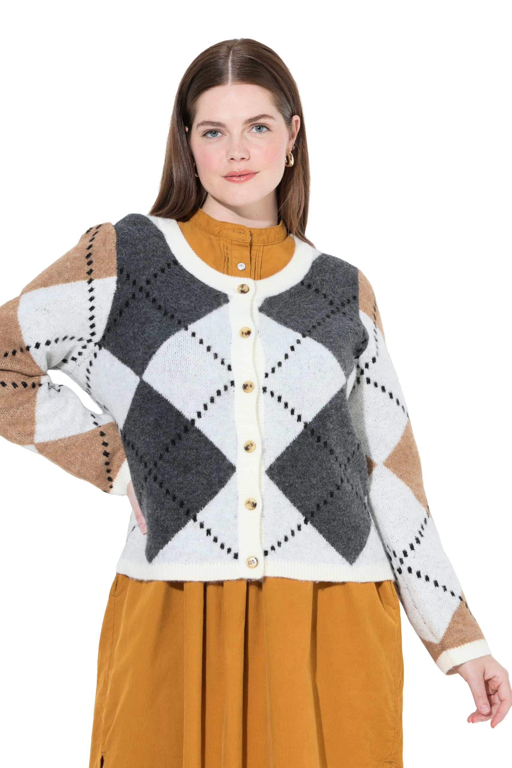 Ulla Popken Damen große Größen Übergrößen Plus Size Strickjacke, Rhomben, Rundhals, Langarm 843459