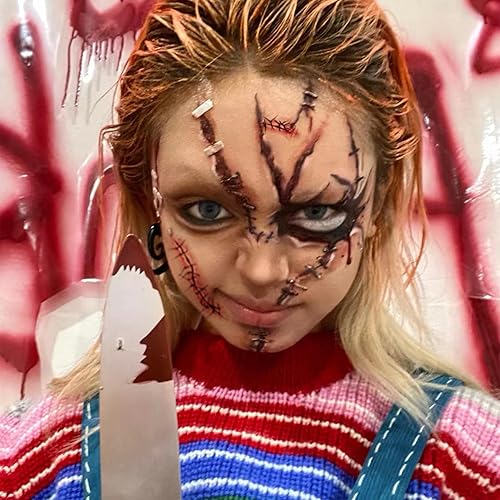 Miniatura 5 de 20 hojas de tatuajes temporales de zombi de Halloween, tatuajes de sangre falsos de cicatriz de Chucky, impermeables, realistas, puntadas de