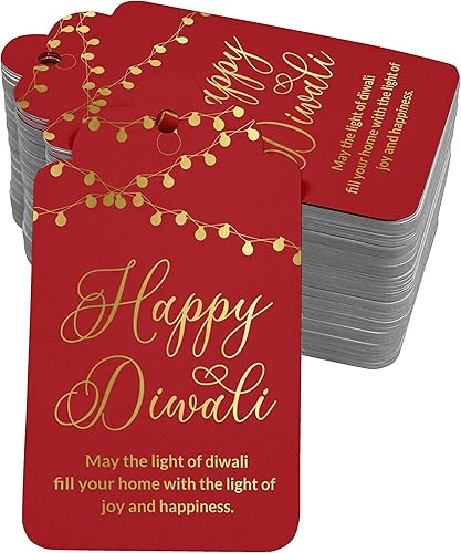 Paquete de 100 etiquetas colgantes de papel de aluminio dorado real Happy Diwali
