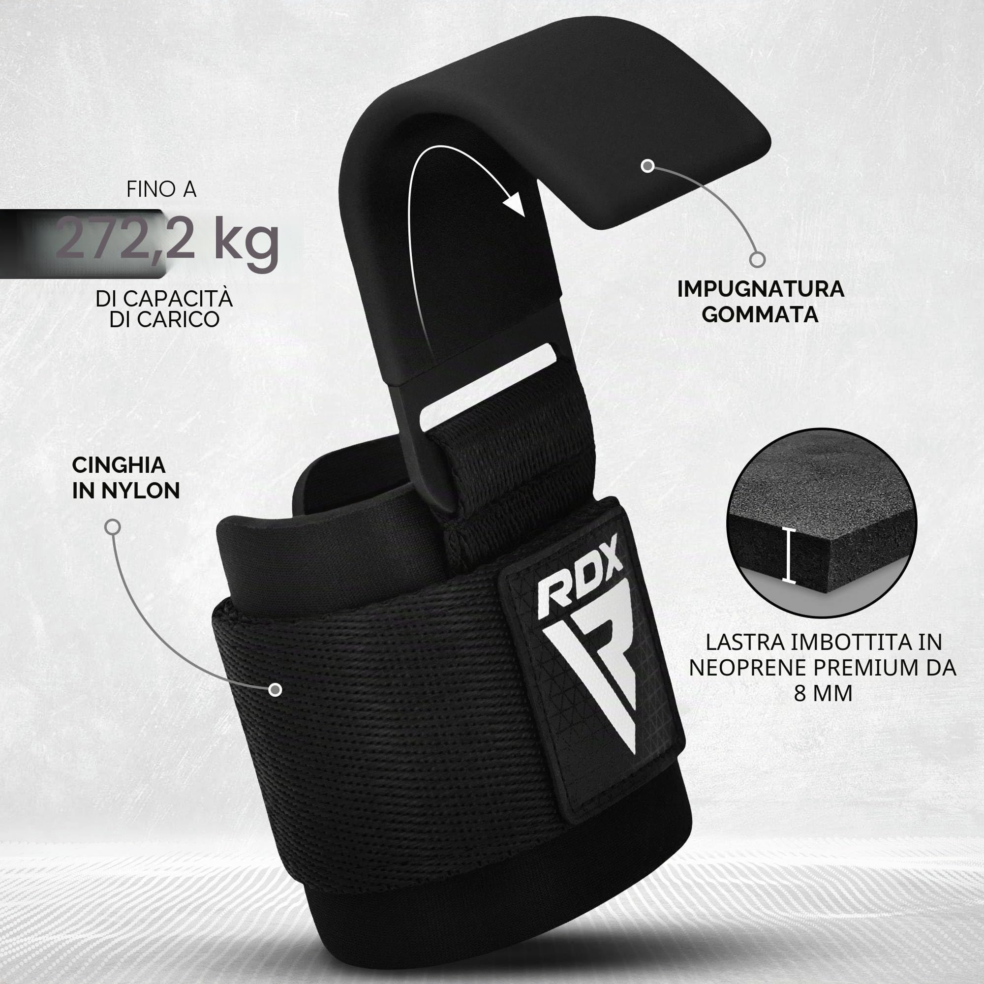 RDX Ganci Sollevamento Pesi, 8mm Neoprene Fasce Polsi Imbottita Supporto, Gomma Rivestito Impugnature Grips, Gym Gancio Cinghie per Fitness Powerlifting Allenamento Palestra Bodybuilding, Uomo Donna