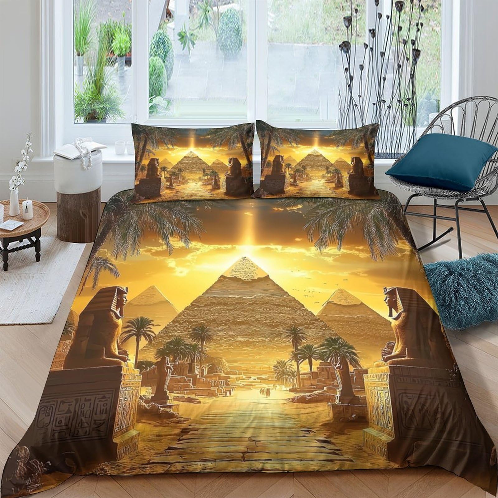 Ctjqhvkz Style-8 3D Printed Egyptian Pyramid Fitted Sheet Microfiber Sphinx Bed Cover Golden Ancient Art Bedroom Decor Single（135X200cm）