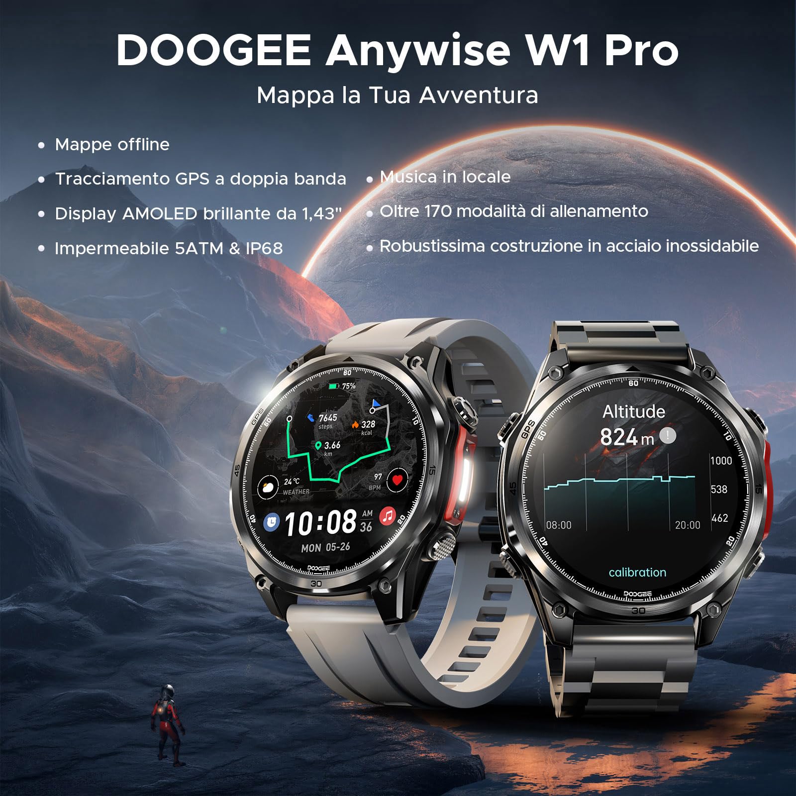 DOOGEE Orologi Anywise W1 Pro Smartwatch uomo,GPS Dual-Band & Mappe Offline, 5 ATM, 18 Giorni Autonomia, Display AMOLED HD 1,43", 170+ Modalità Sport,Chiamate Bluetooth,Compatibile con Android/iOS