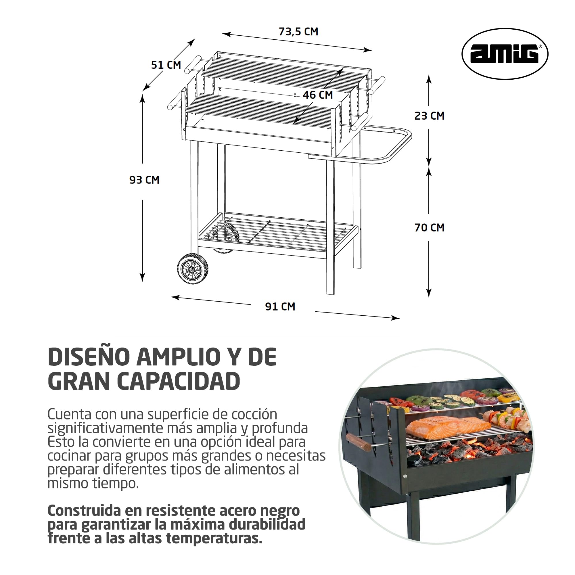 Amig - Barbacoa de carbón - 94 x 51 x 93 cm - Negro - Fabricado en Acero - para jardín y patio con uso familiar y reuniones con montaje sencillo limpieza cómoda y calidad consistente. Mod. DRAKEN