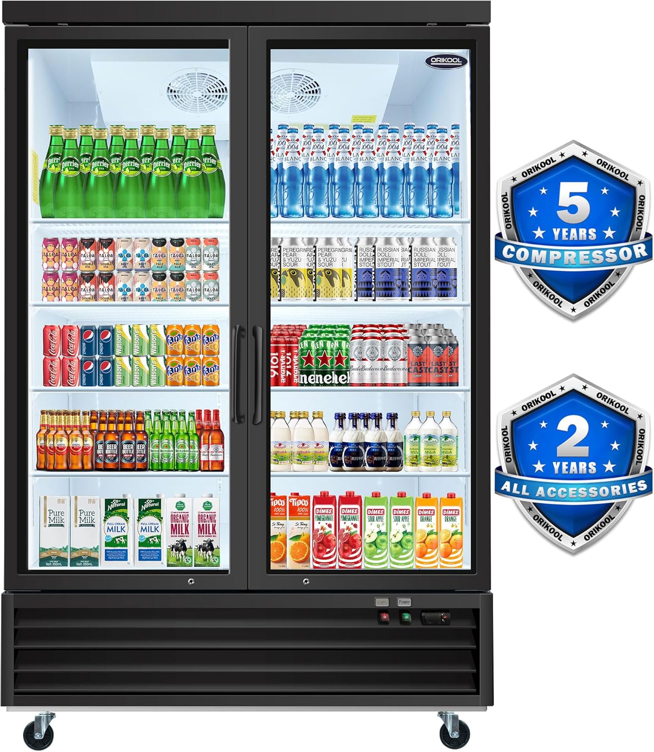 ENLEE Glass Door Merchandiser Refrigerator 44.7 Cu.ft Double Swing Door Commercial Display Refrigerators Merchandising Refrigeration with Adjustable Shelves Automatic Defrosting