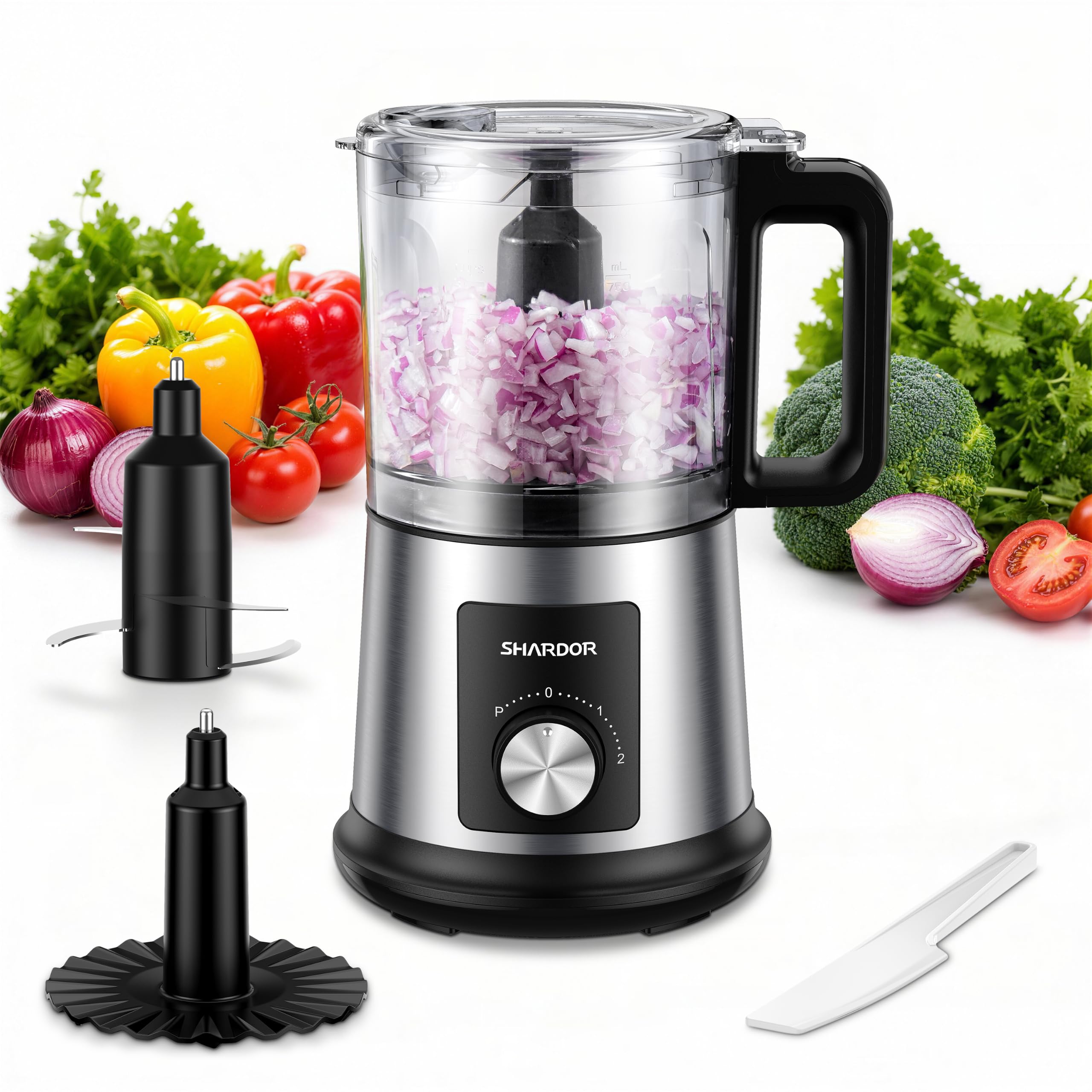 SHARDOR Electric Food Processor, 4 Cup Food Chopper with 3 Speed Settings (Pulse + Hands-Free 1&2), 400W Powerful Motor, 4 Bi-Level Blades and Whisk Attachment, BPA-Free, Stainless Steel