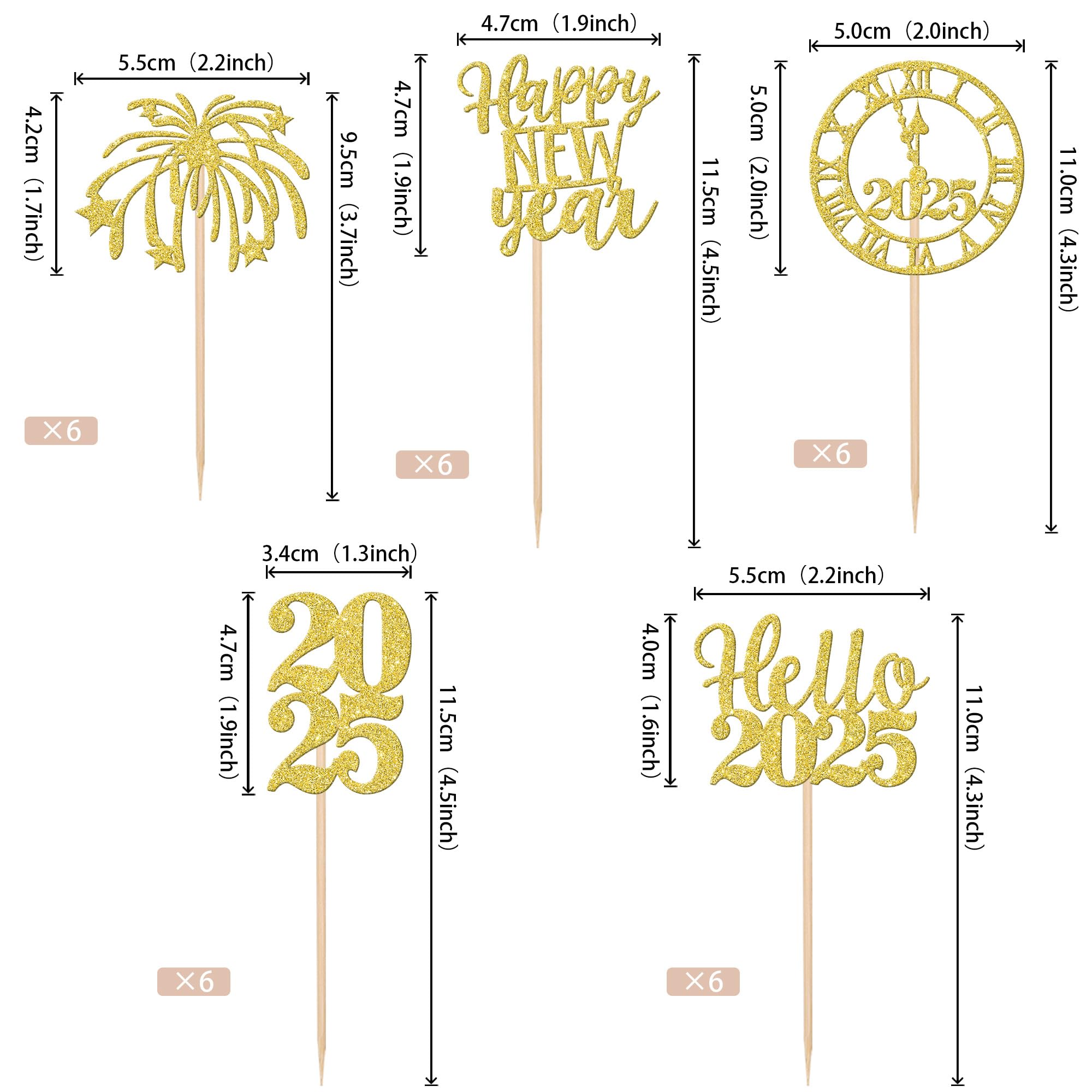 30 PCS Happy New Year 2025 Cupcake Toppers Glitter Cheers to 2025 Fireworks Clock Hello 2025 Cupcake Picks Happy New Year Holiday Theme Party Cake Decorations Supplies Gold