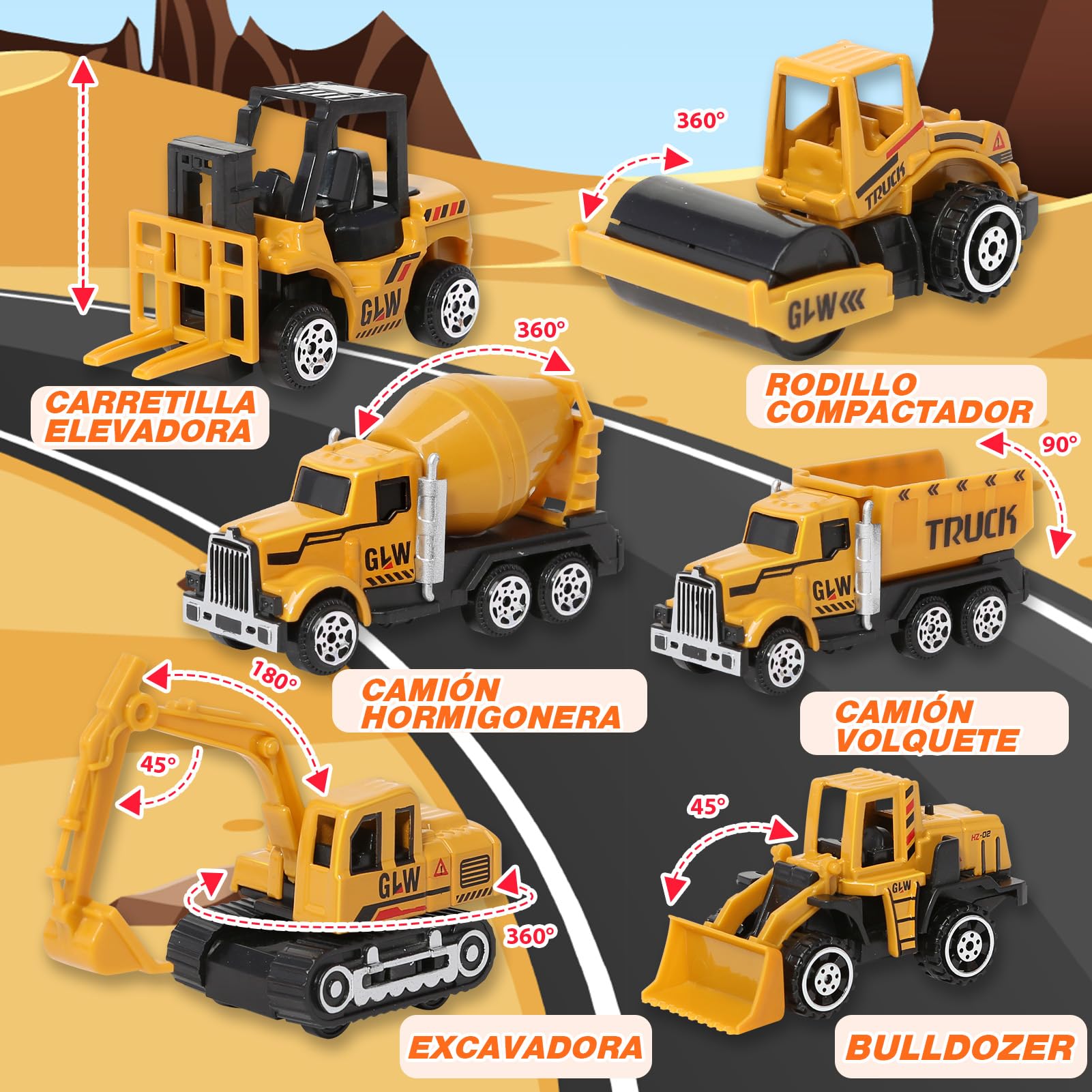 Juguetes para Niños 3 4 5 6 7 Años: Camión de Construcción con Luces y Sonidos Incluye Grúa Excavadora Hormigonera Apisonadora Bulldózer y Carretilla Elevadora, Regalo para Niños de 3 a 7 Años
