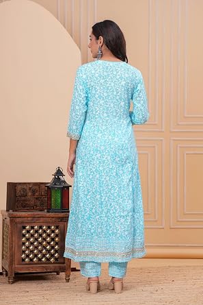 KIRAT Womens Cotton Anarkali Kurta Set with Pant and Dupatta | Elegant Floral Printed Long Kurti