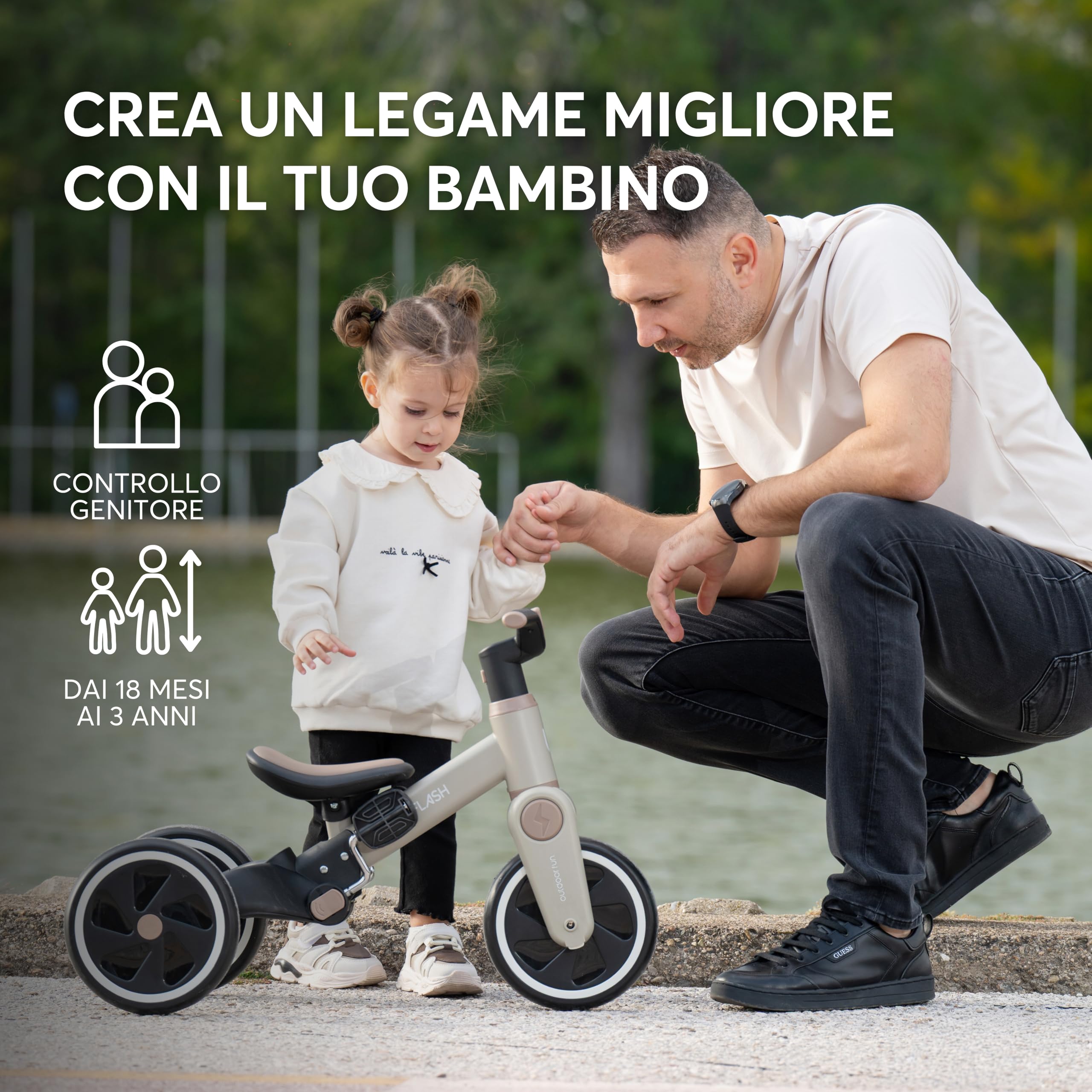 KikkaBoo Triciclo Evolutivo 5 in 1 FLASH, da 18 Mesi a 4 Anni, con Maniglione Regolabile per Genitori, Trasformabile in Bicicletta Senza Pedali, Leggero, Ruote EVA, Telaio in Acciaio, Grigio