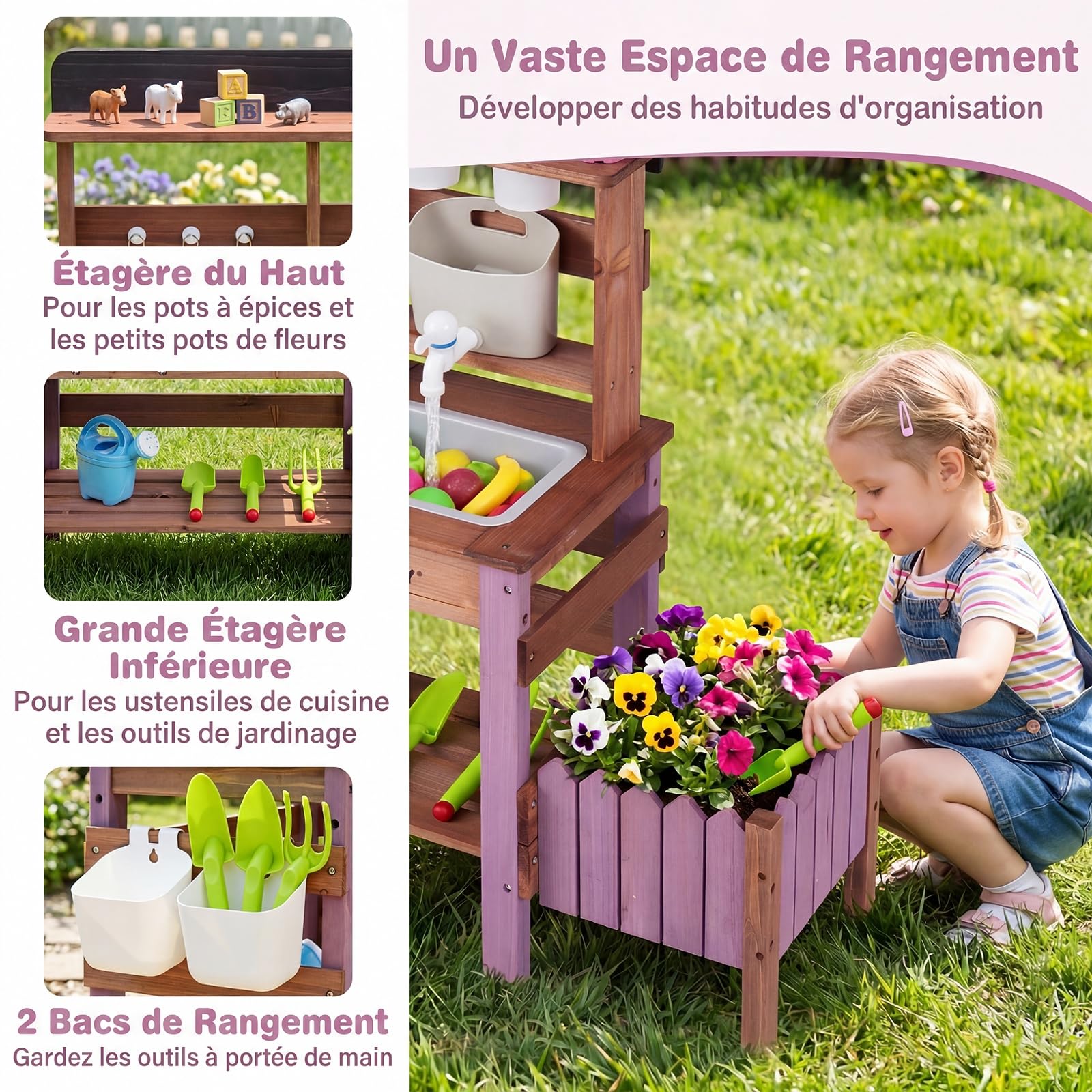COSTWAY Cuisine Extérieure Enfant en Bois avec Jardinière et 15 Accessoires