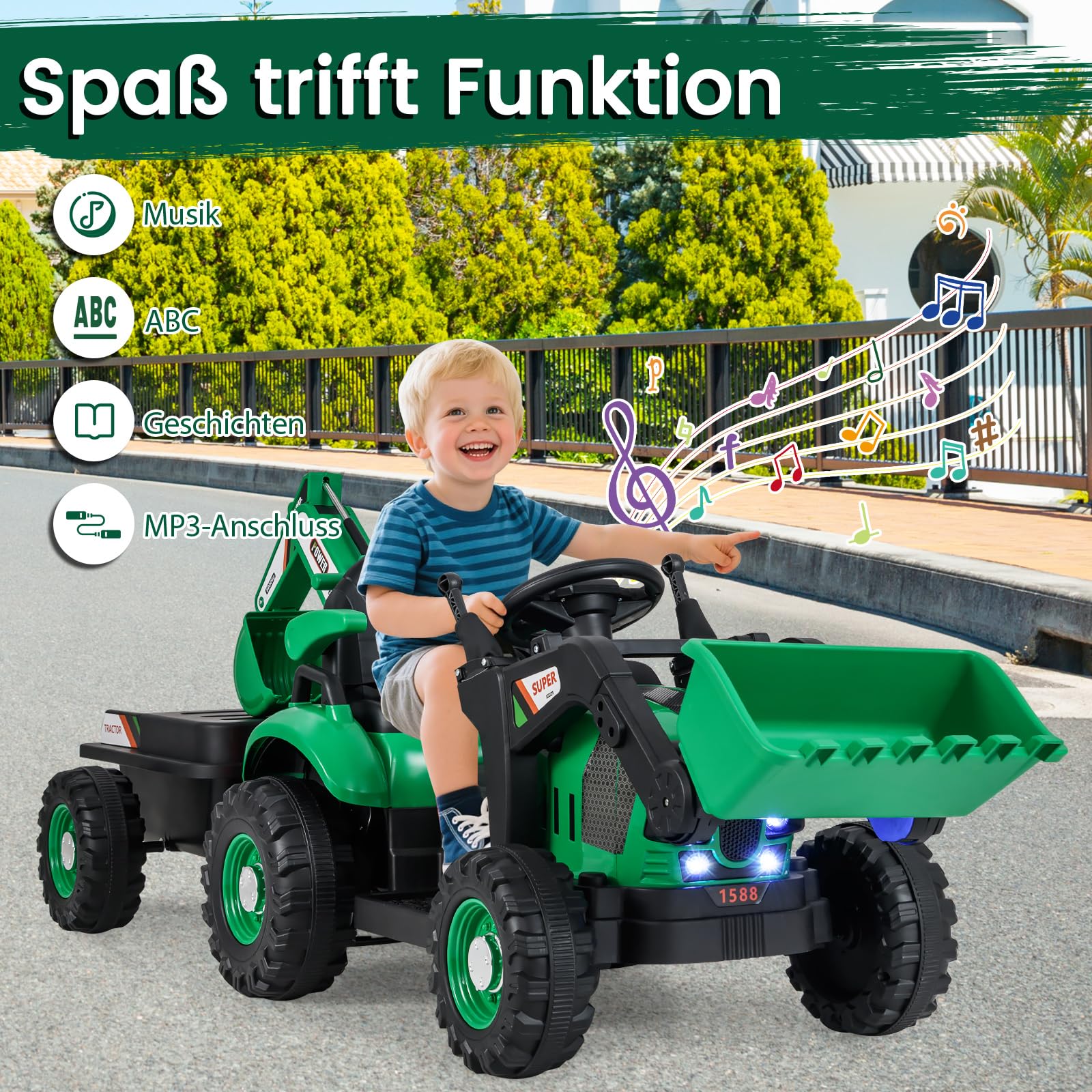 COSTWAY Elektro Traktor mit Anhänger & Schaufel, 12V Aufsitztraktor mit Fernbedienung, Sitzbagger mit LED Lichtern & Musik, Kinderbagger Elektrisch, Elektrotraktor für Kinder ab 3 Jahren (Grün)