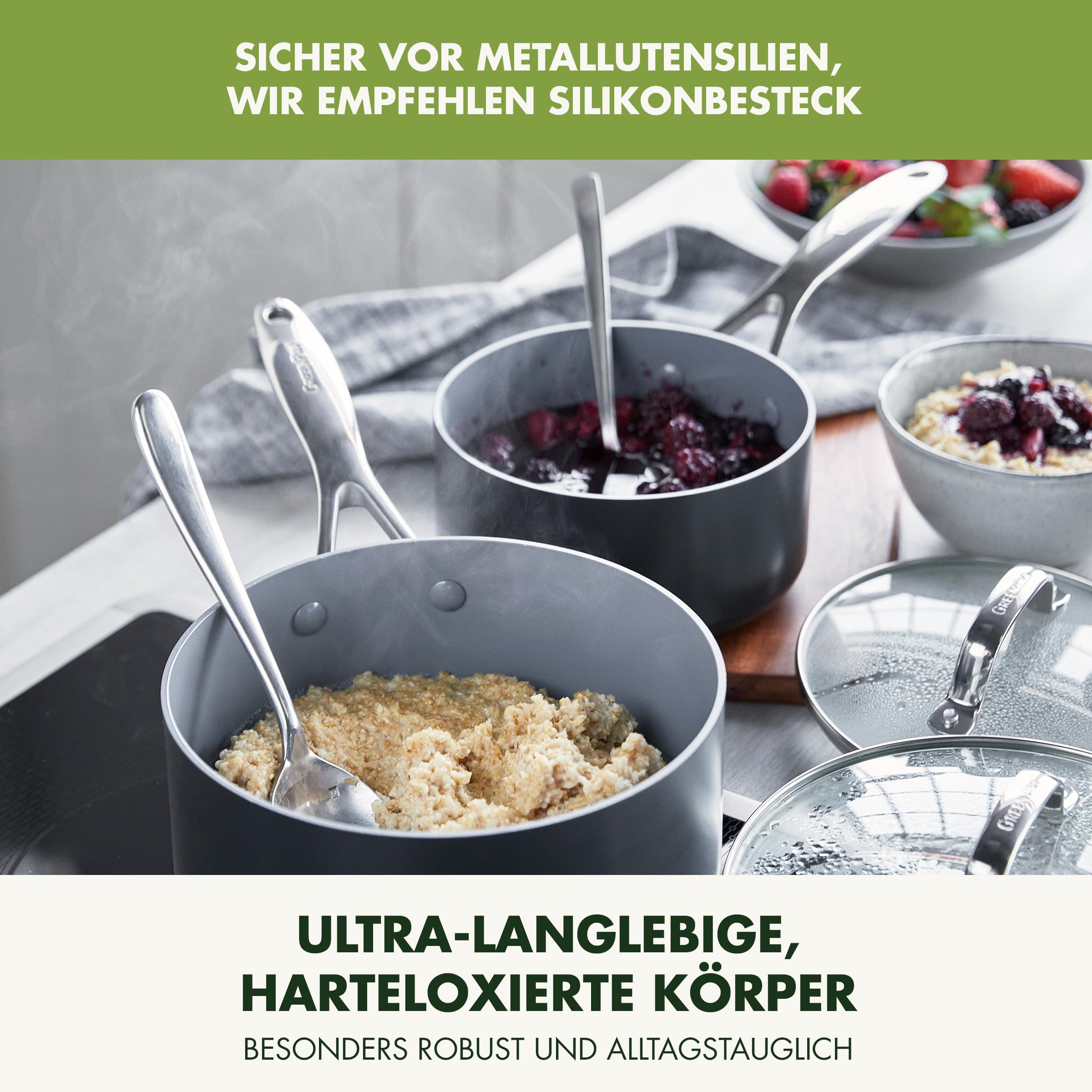 GreenPan Valencia Pro Harteloxierte Gesunde Keramik Antihaft 18 cm / 2 Liter Stielkasserolle mit Deckel, PFAS-frei, Induktion, spülmaschinenfest, Backofenfest, Grau