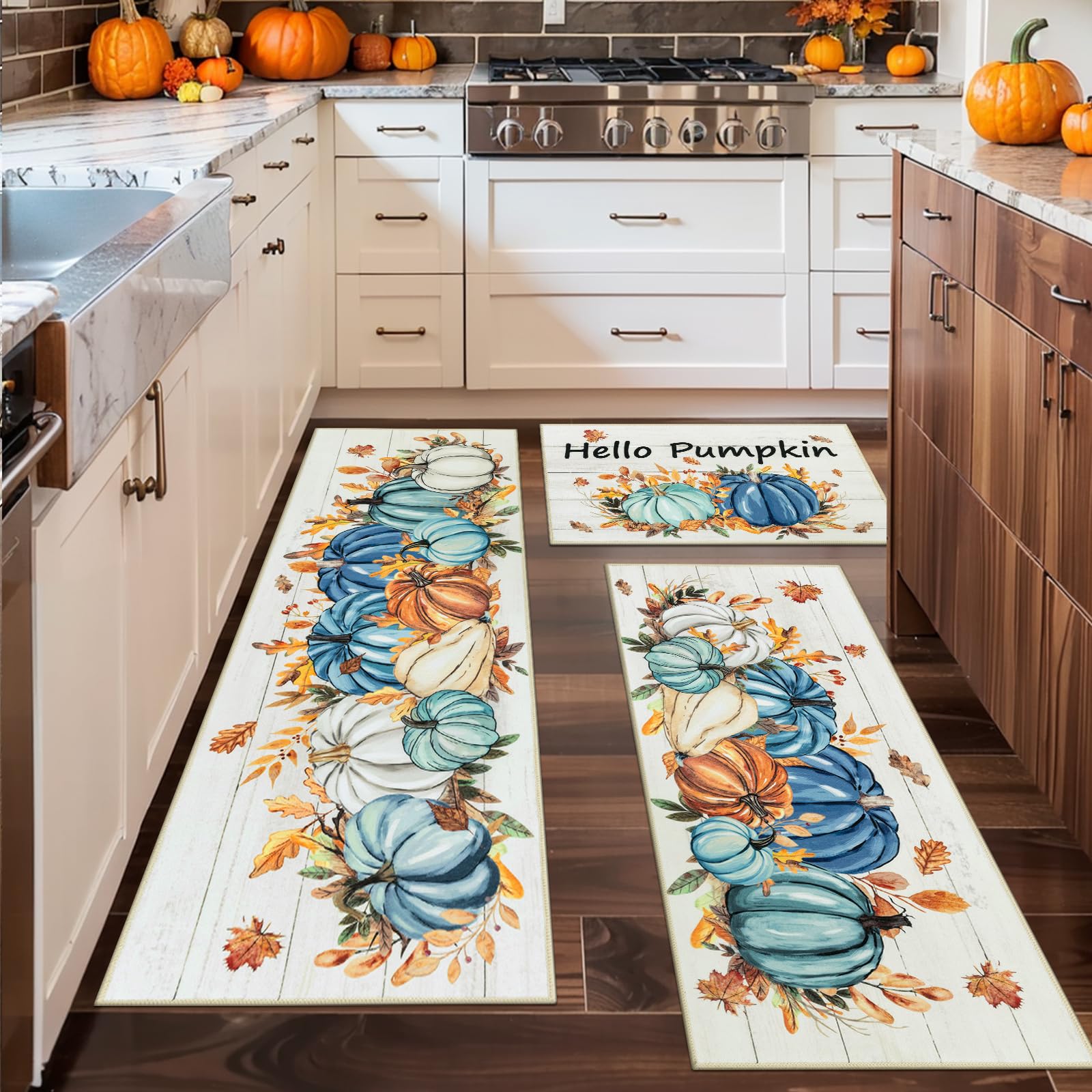 Ileading Farmhouse Kitchen Rugs Set of 3, Washable Fall Kitchen mats for Floor 3 Piece Set with Non Slip Backing, Pumpkins and Leafs Print Striped Runner Rug for Laundry Room, Hallways Decor