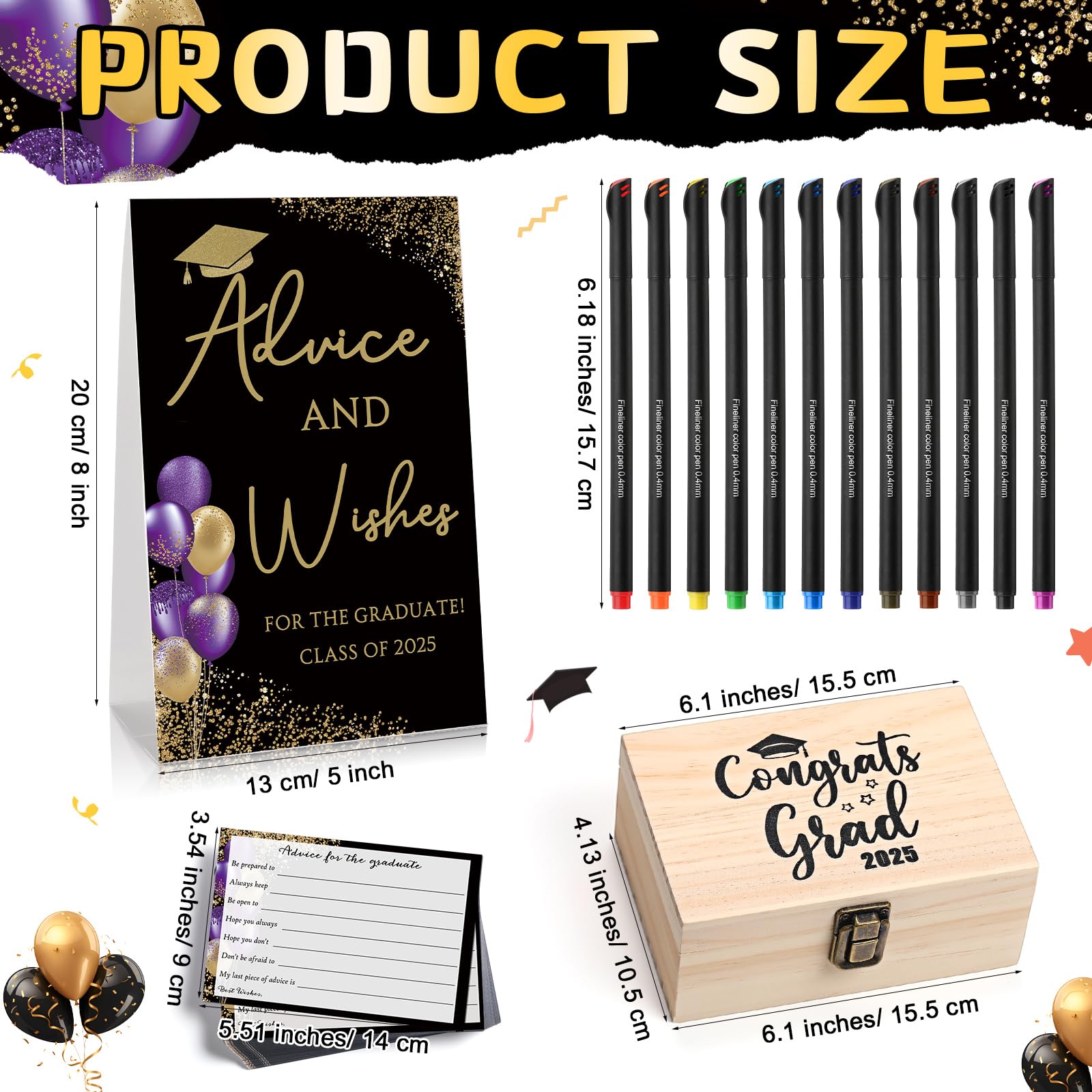 Quzzil 114-Piece Graduation Party Favors Set – Advice Cards, Pens, Wood Box & Sign For High School Or College Grad - View #12