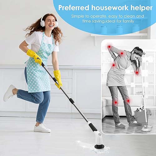 Miniatura 4 de Limpiador eléctrico giratorio, cepillo de limpieza inalámbrico, 3 velocidades, 7 cabezales de cepillo reemplazables y mango largo desmontable,