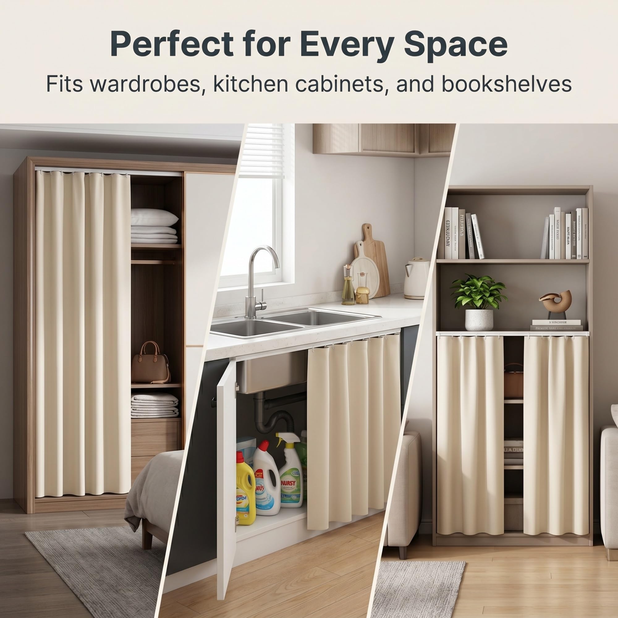 Rideau Placard sans Perçage, Auto-adhésif/Anti-Poussière Rideau Cuisine&sous Evier, Peluche Courte Rideau Occultant Court, Rails Coulissants Cuisine/Salle Bain/Dressing(Gray-a,200 x 150 cm)