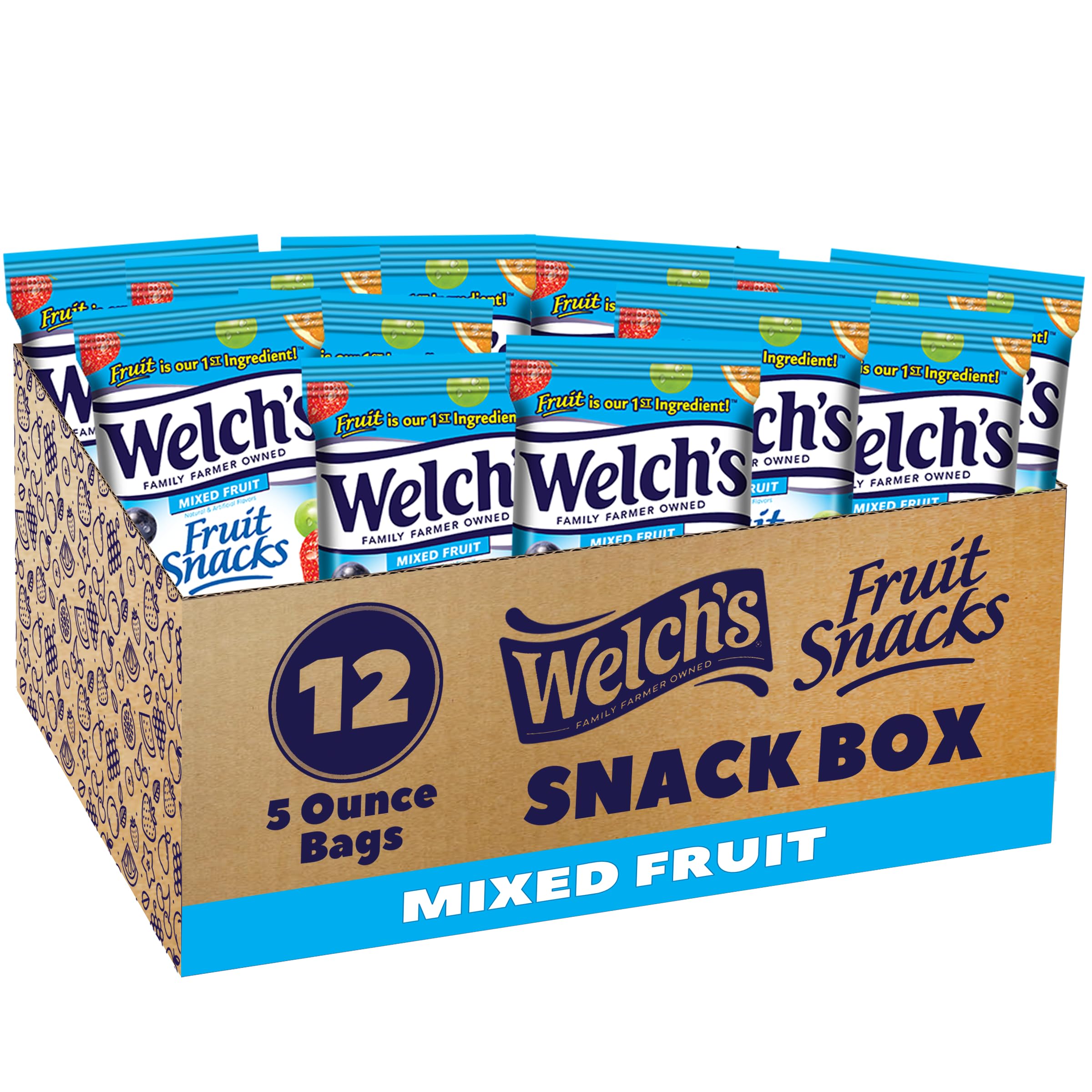 Welch's Fruit Snacks, Mixed Fruit, Perfect for Socks, Gluten Free, Sharing Bags, 5 Oz (Pack of 12)