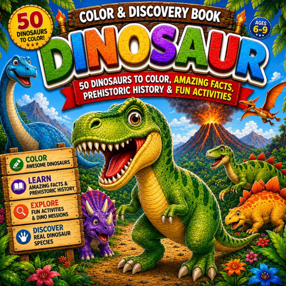 Dinosaur Coloring & Discovery Book: 50 Dinosaurs to Color, Amazing Facts, Prehistoric History & Fun Activities for Kids Ages 6–9