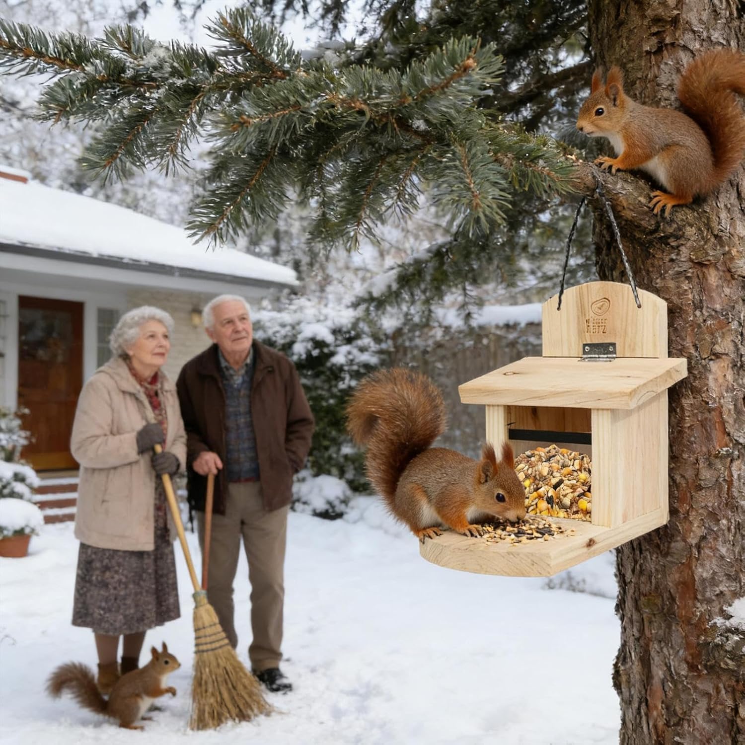 Squirrel Feeders | Wooden Windproof Dispenser Feeding House - Gnaw Resistant Roof Outdoor Squirrel Feeder with Extra Long Board,for Pets Wildlife Water Food Garden Yard Patio Balcony Window