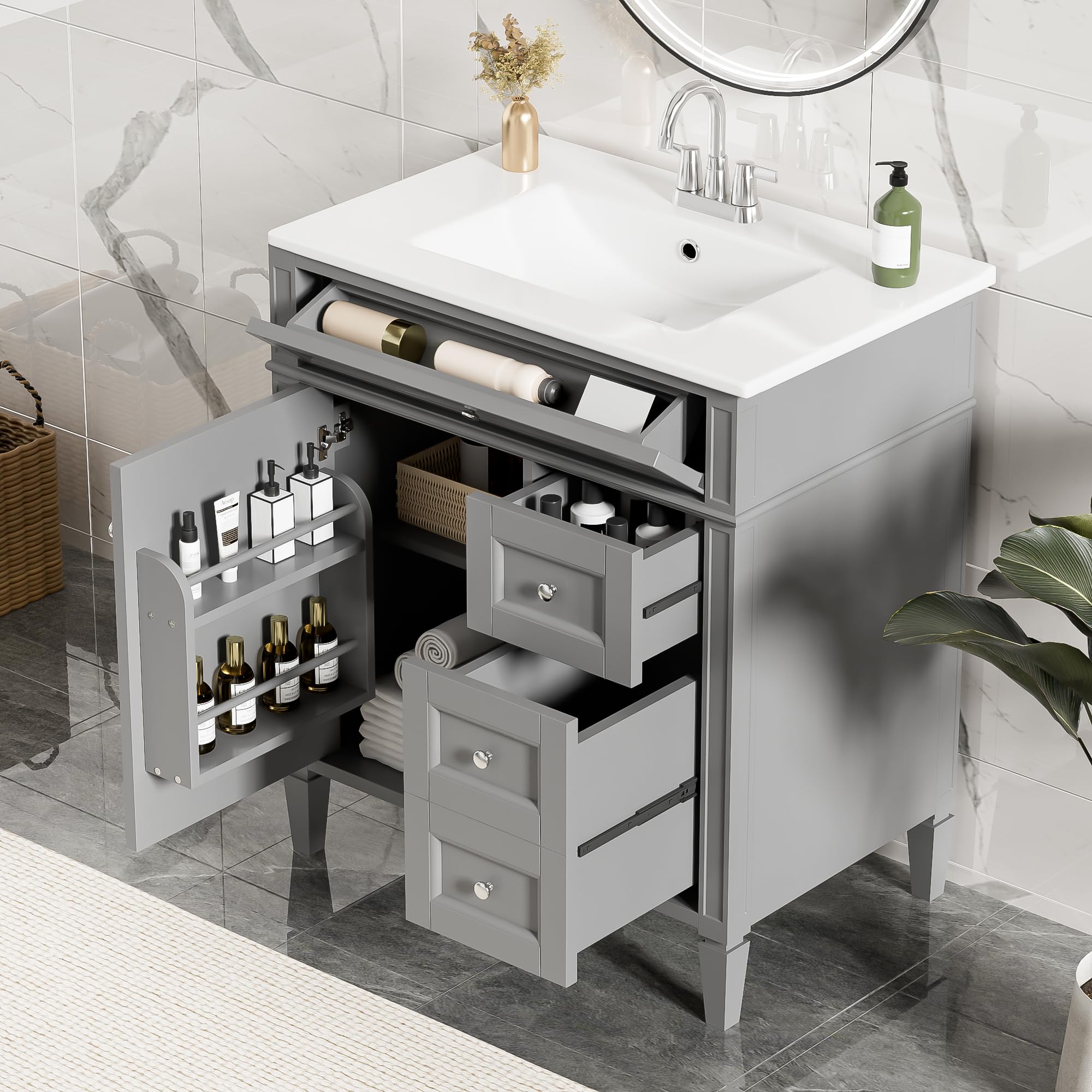 Linique 30" Bathroom Vanity with Sink Combo Set, Solid Wood Frame Bathroom Storage Cabinet with 2 Drawers and a Tip-Out Drawer, Soft Closing Cabinet Door with Organizer, Grey