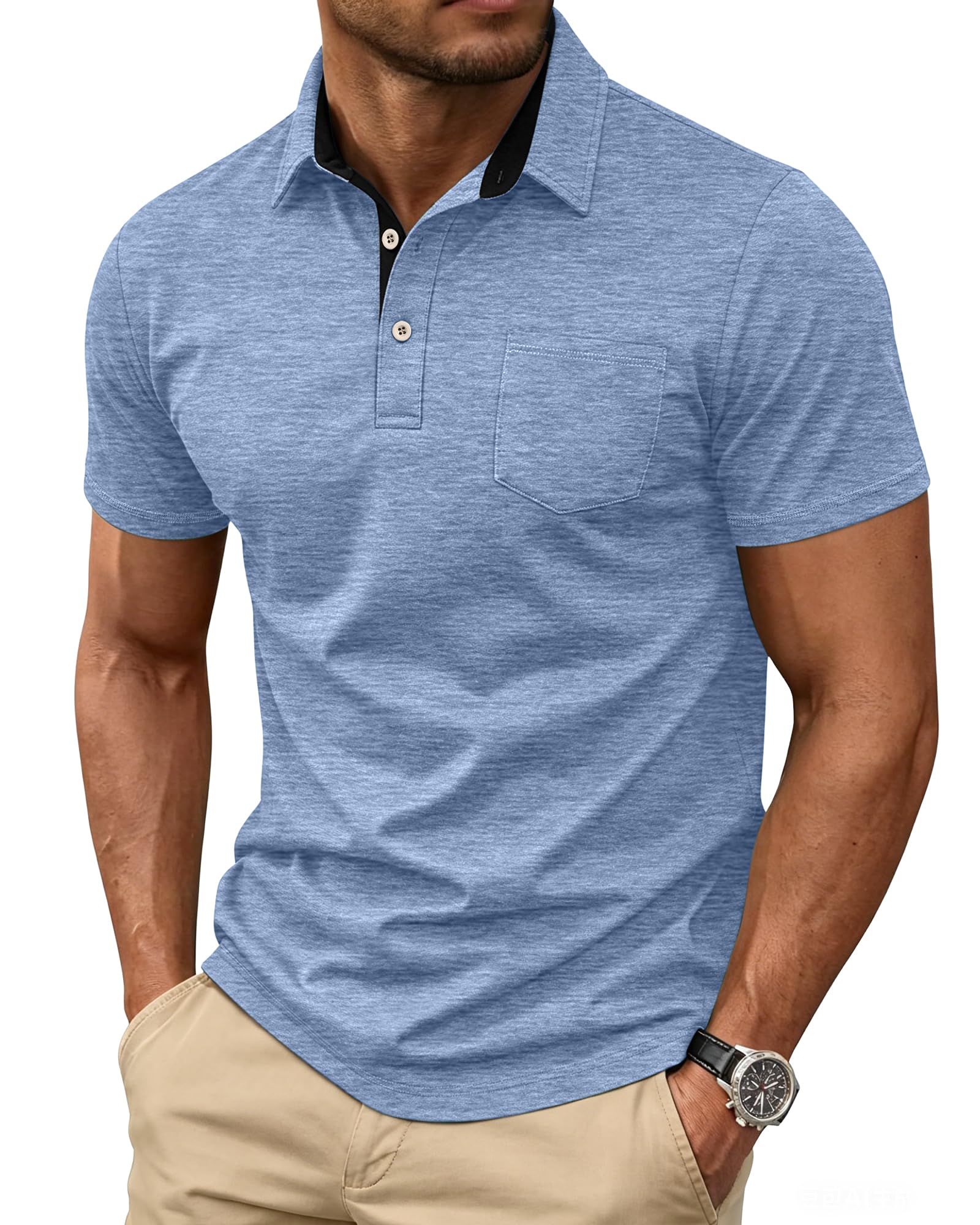 Mens Short Sleeve Polo Shirts Collared Business Casual Polo T Shirts with Pocket