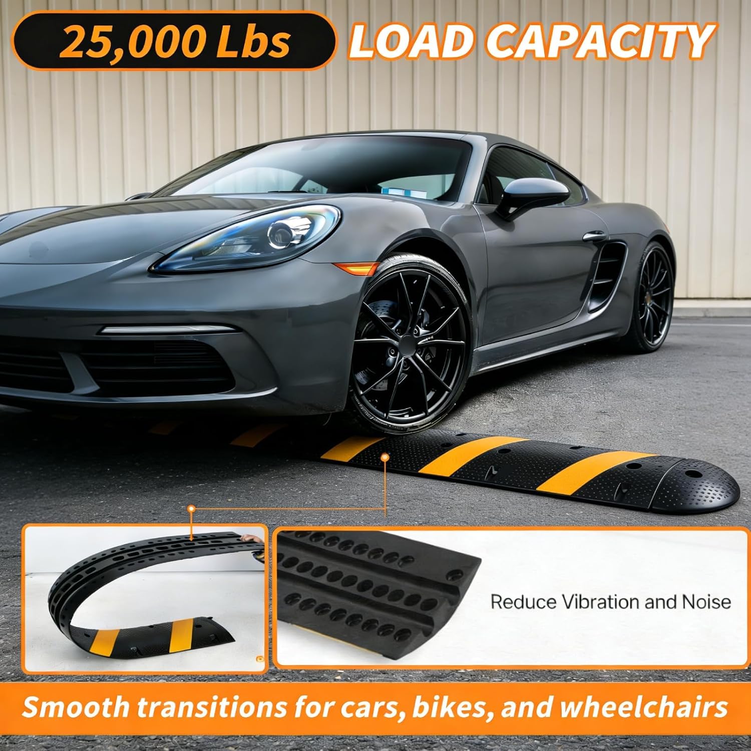 7 FT Rubber Speed Bump 2 Pack, 84" Speed Bumps for Driveway with End Caps, 25,000 Lbs Capacity Heavy Duty Speed Hump for Road, Residential Streets, Parking Lots, Asphalt, Concrete, Gravel, Low Cars