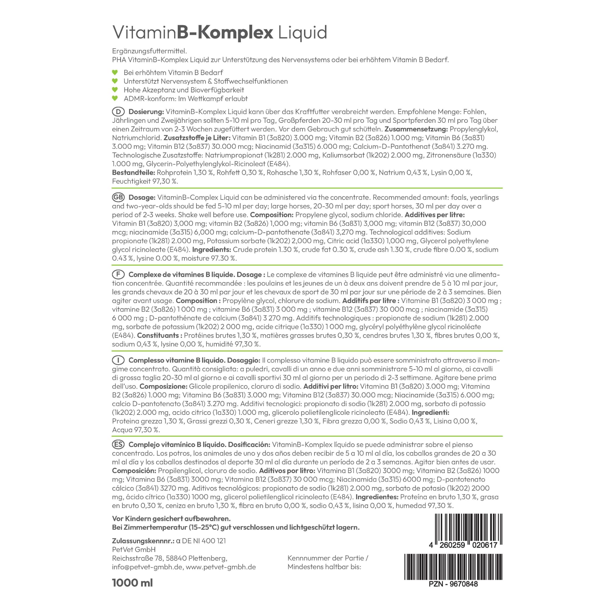 PHA-2 Caballo, Forro Complemento para Apoyo del Sistema nervioso y función de Cambio de plástico, líquido, Complejo de Vitamina B Liquid, 1000 ml