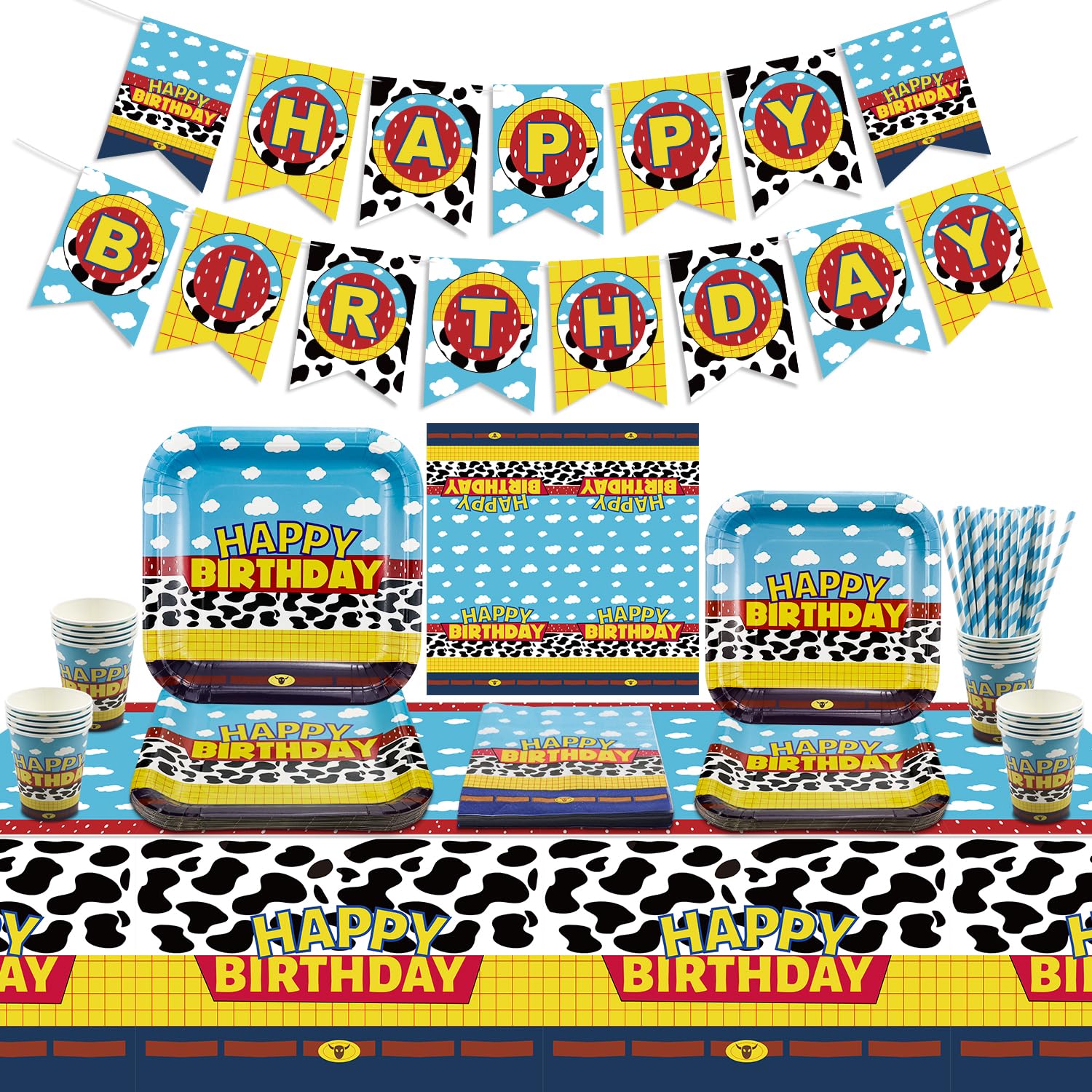 Story Theme Birthday Party Decorations, Include Happy Birthday Banner, Tablecloth, Cow Pattern Paper Plates, Napkins, Paper Cups, Story Birthday Supplies for Kids Boys Girls Birthday Party