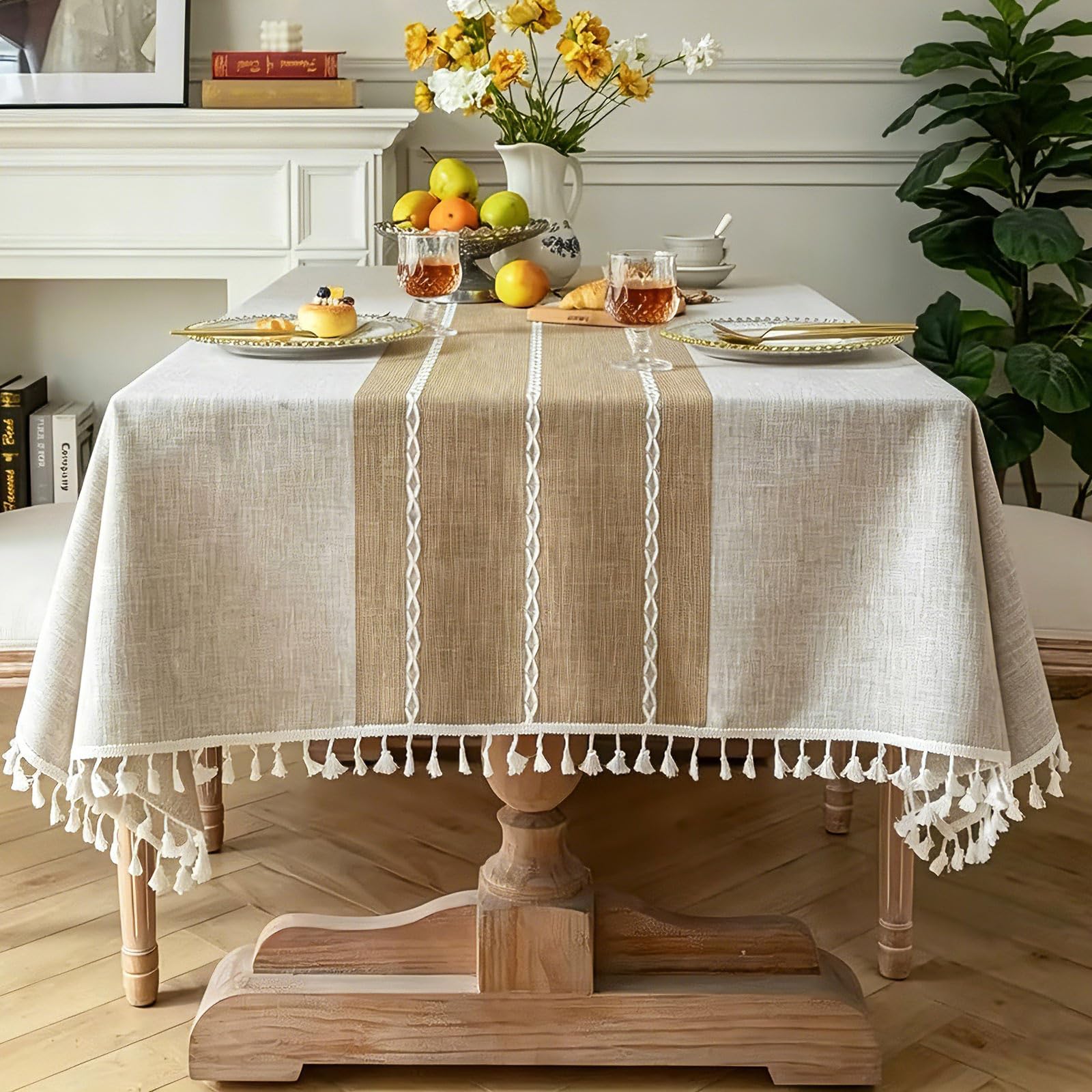 Pahajim Tischdecke Rechteckig Baumwolle Leinen Tischdecke Abwaschbar Elegante Gestreift Tischtuch mit Quasten Küchentischabdeckung für Speisetisch,Outdoor(Braun, 140 x 200 cm)
