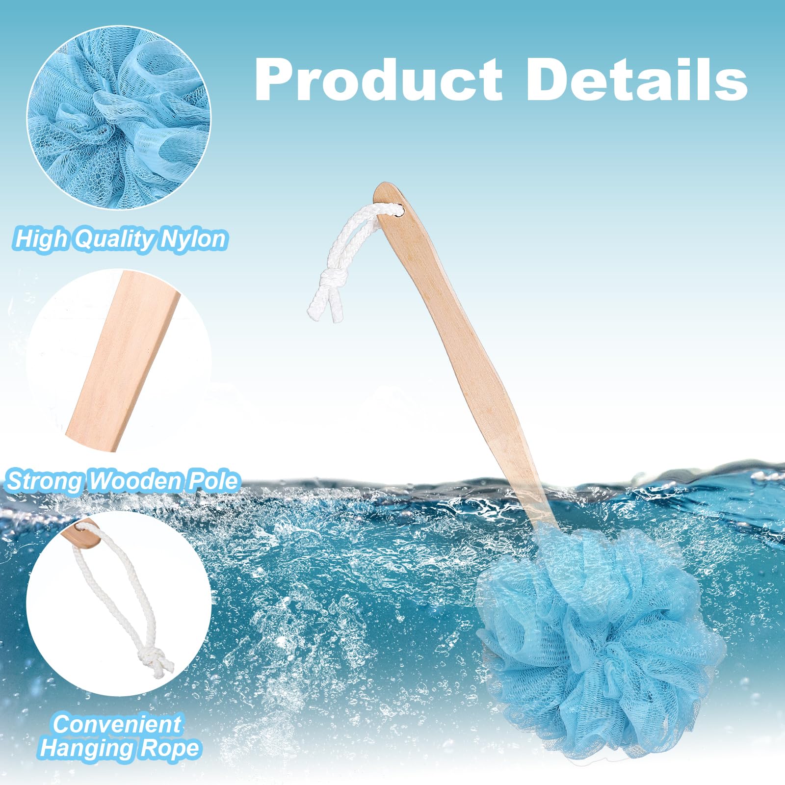 10 spugne grandi da bagno in luffa con manico lungo per doccia, luffa con manico per schiena, spazzola spa per donne e uomini (4 colori)