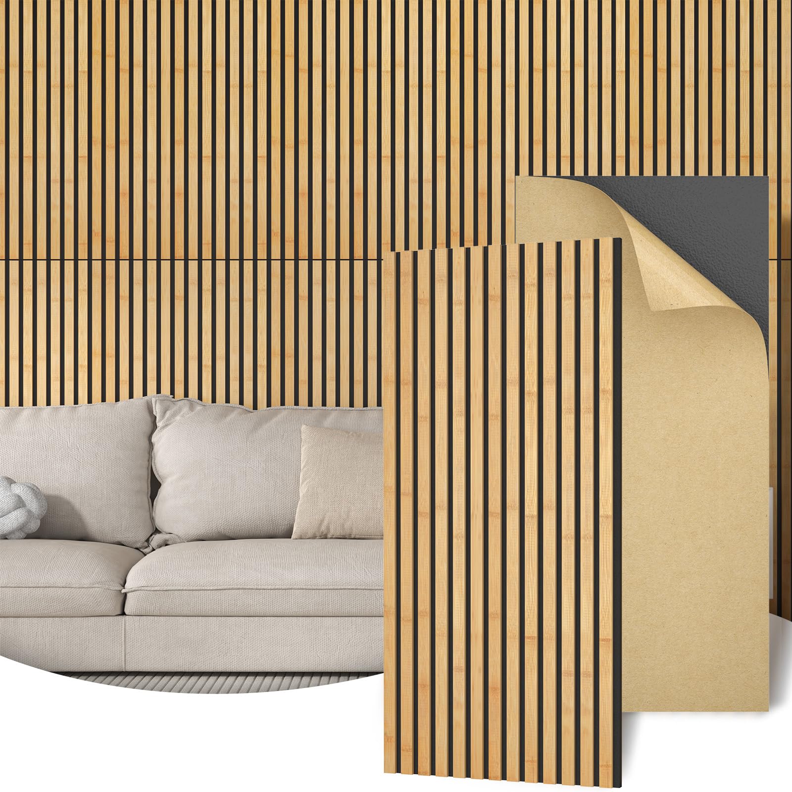 TONOR Set di 4 Pannelli Fonoassorbenti in Bambù Per Pareti, 110 x 52 x 1,7 cm Pannelli Acustici a Doghe Con Adesivo Completo, Pannello Insonorizzante per Parete Tv, Arredamento D'Interni, Casa, Porte