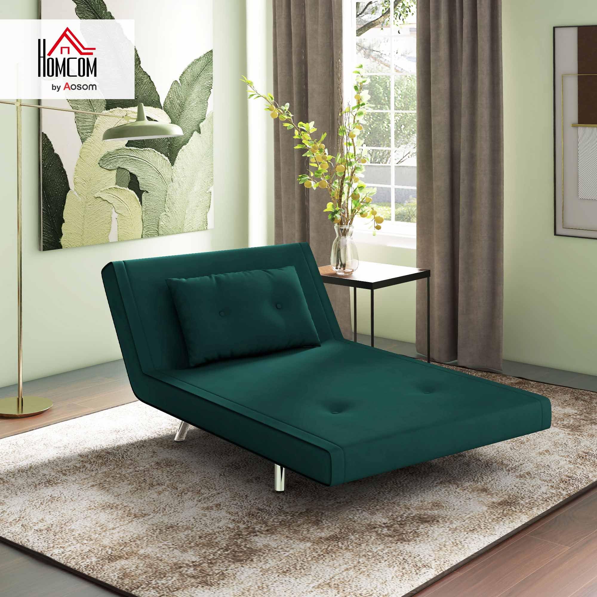 HOMCOM Poltrona Letto Singolo 3 in 1, Poltroncina Reclinabile a 3 Livelli con Rivestimento in Velluto e Cuscino, 100x88x83cm, Verde Scuro