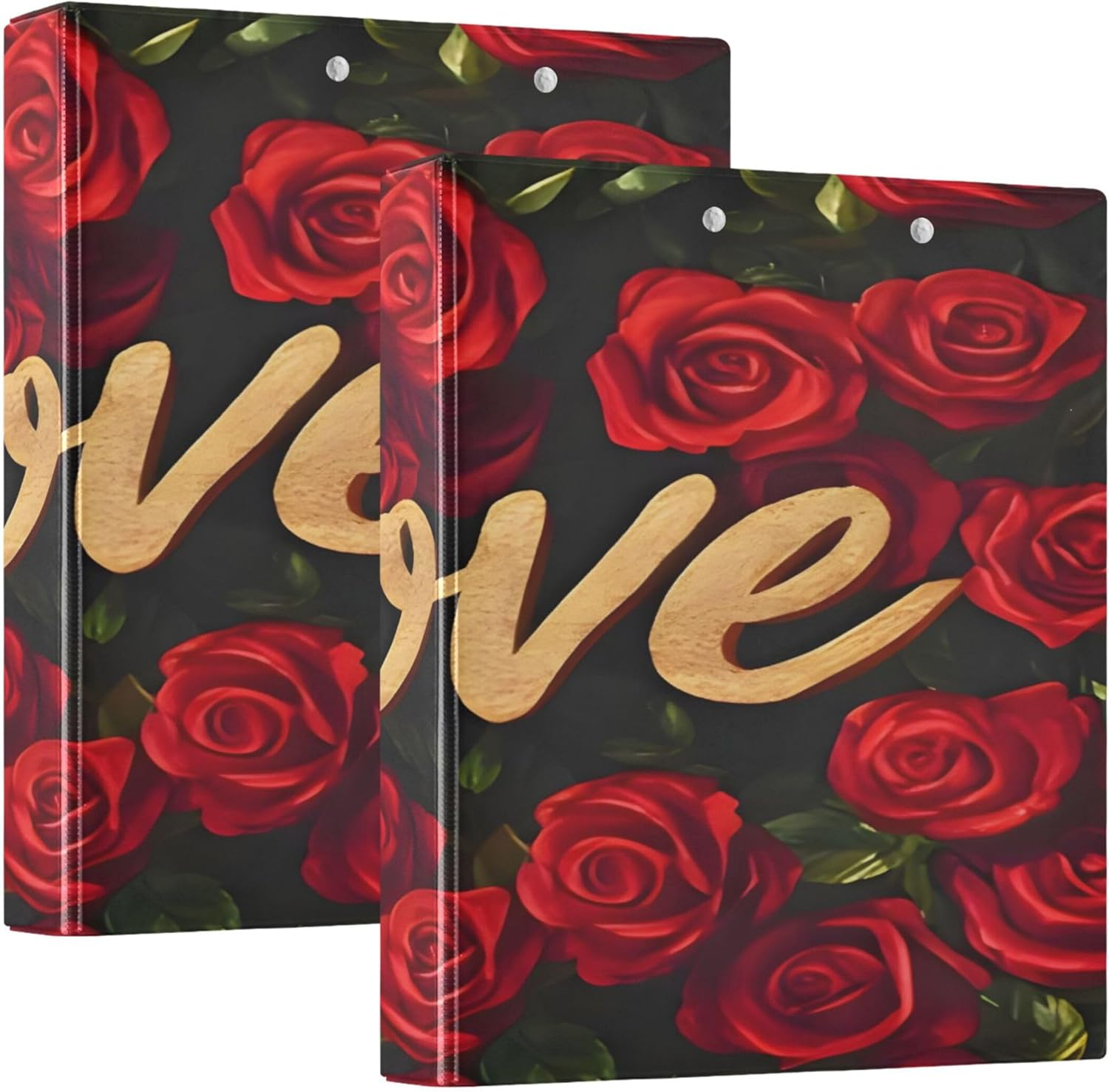 Valentine's Day Roses 3 Ring Binders, 1.5” Round Ring Binders with Clipboard - Letter Size, 3 Interior PVC Clear Pockets & Anti-Slip Clip for Office School Supplies, 2PCS