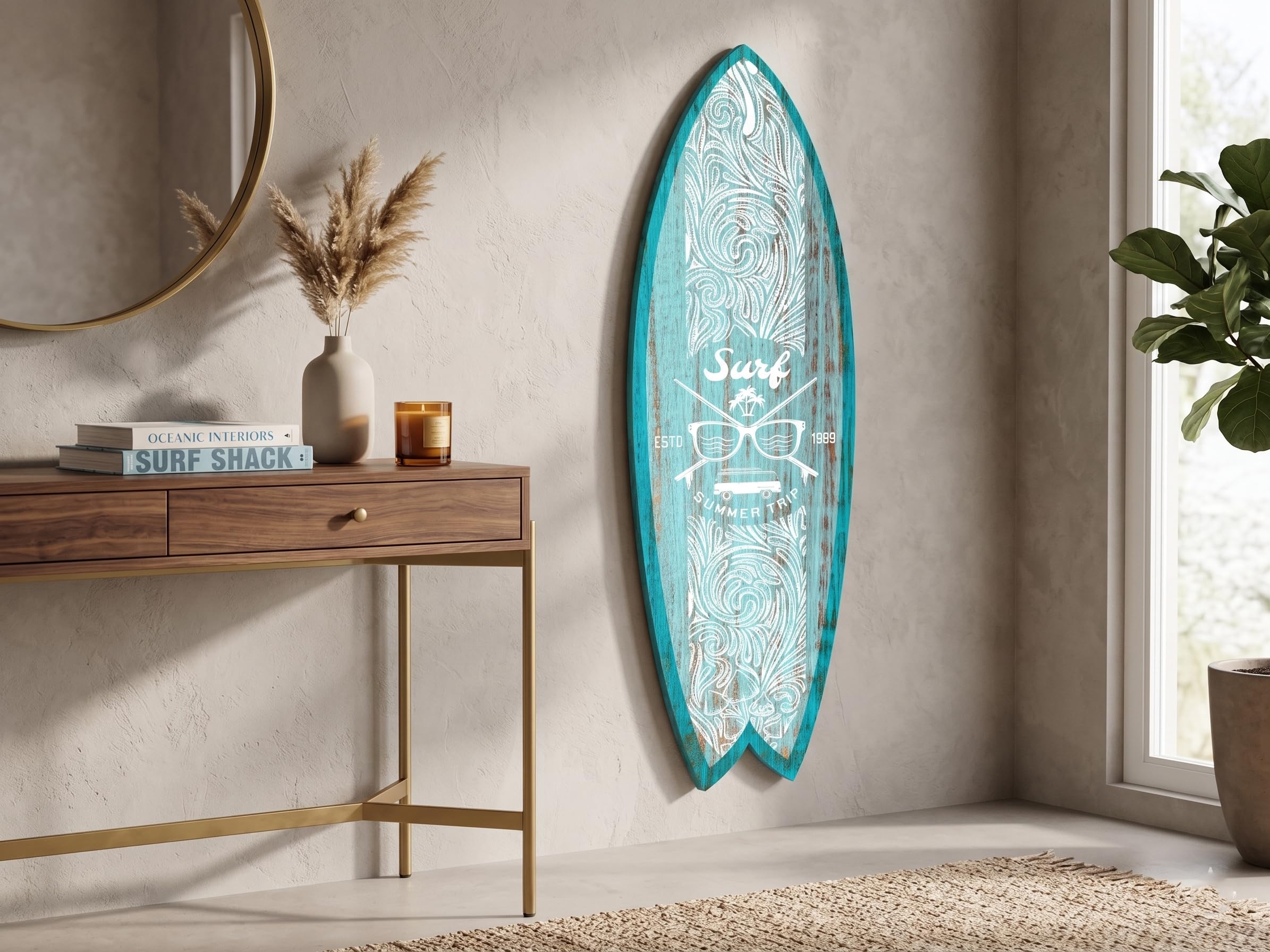 DECLINA, planche surf decorative, impression sur alu-dibond, deco murale, Planche de surf décorative Summer Trip, 100x30 cm