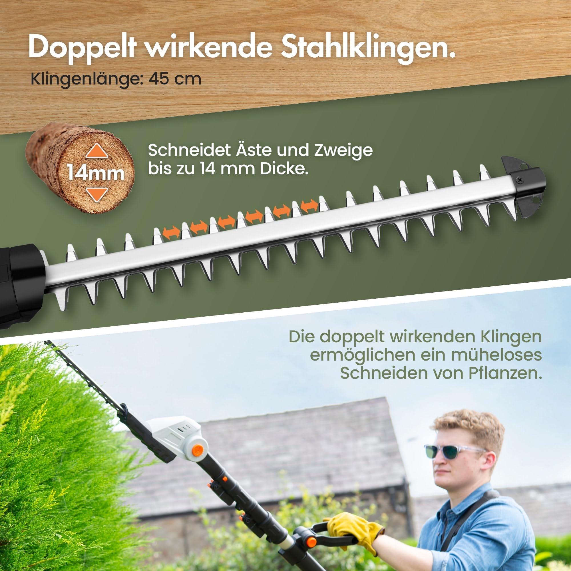 VonHaus 20V Akku Heckenschere für Hecken, Büsche und Zweige | 45 cm Doppelklingen, 135° Verstellbarer Schneidkopf, Ausziehbare Teleskop-Heckenschere, inkl. Akku, Ladegerät & Schultergurt