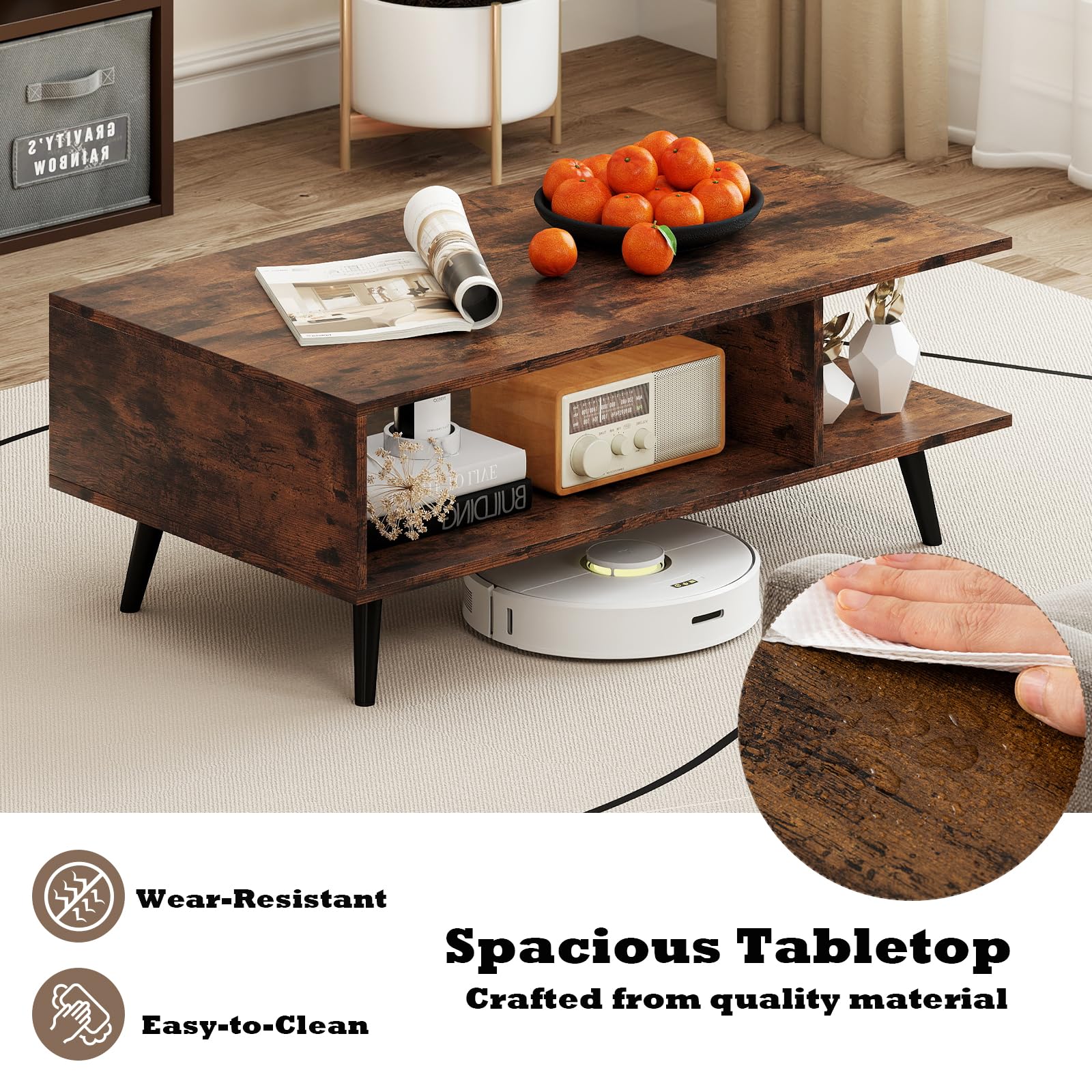LIFEZEAL Tavolino Salotto, Tavolino Basso da Caffè, da Divano, a 2 Ripiani, con 2 Scomparti Aperti, Gambe in Metallo, Moderno, per Soggiorno, Montaggio Semplice, 80x45x30cm, Max 80kg (marrone)