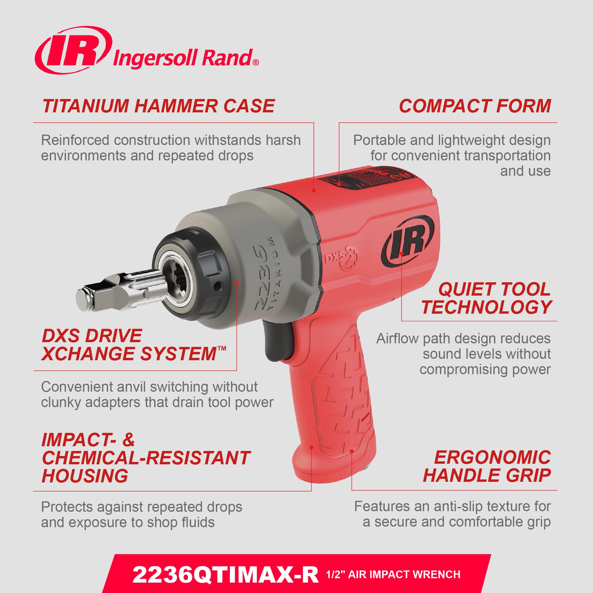 Ingersoll Rand 2236QTIMAX-R DXS2 Klucz Udarowy Pneumatyczny, Cichy, 2033 Nm, Tytanowa Obudowa, Pierścień, Czerwony