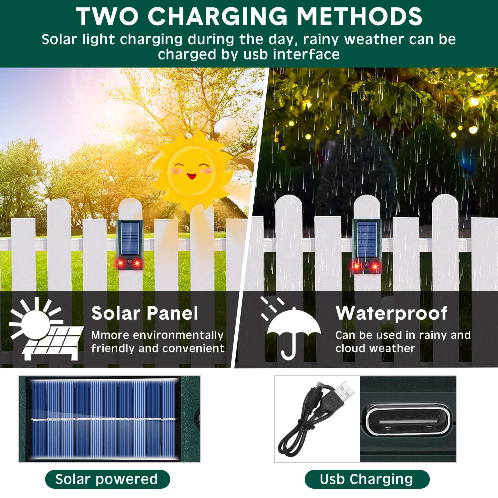 Qualirey 4 unidades de repelentes solares ultrasónicos de animales para exteriores, dispositivos repelentes de ratones con luz estroboscópica intermitente, impermeable, repelente solar de animales