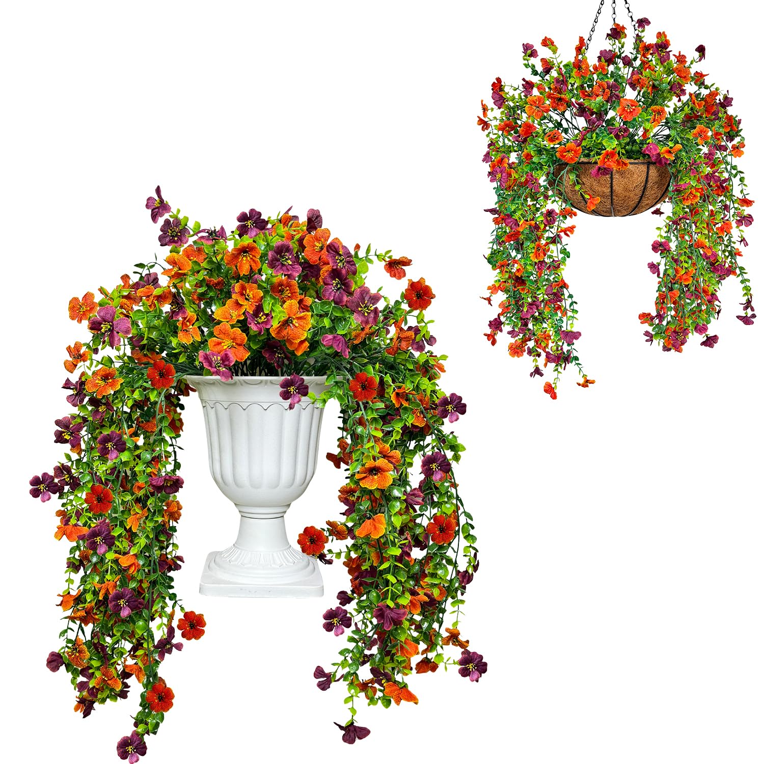 Fycooler 2 Stück Künstliche Hängepflanzen Veilchen Eukalyptus 76cm Kunstblumen Hängend wie Echt Wetterfest UV-Beständig für Außen Innen Balkon Terrasse Garten Blumenampel