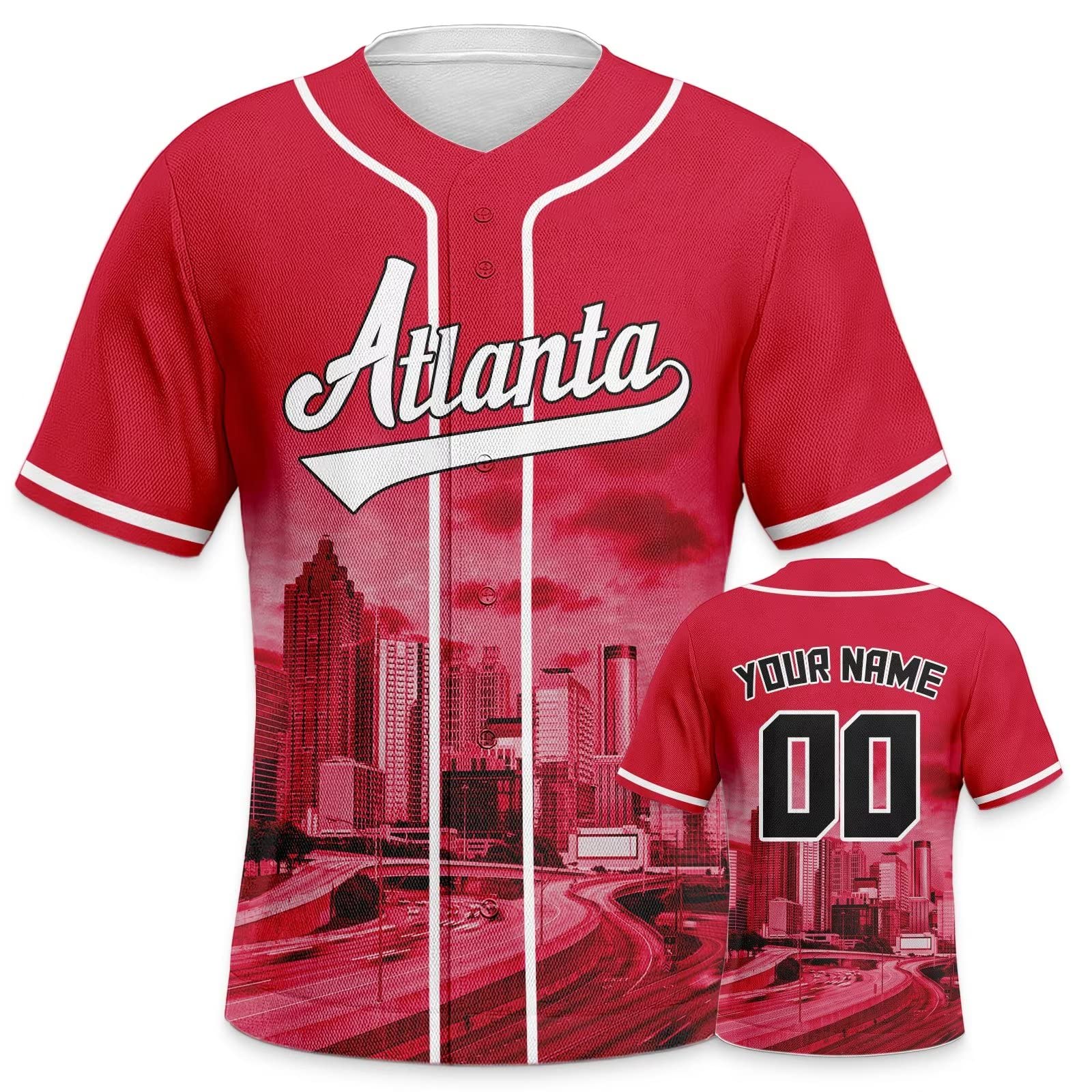 Custom Basketball City Night Skyline Baseball Jerseys Printed or Stitched Personalize Your Name& Number for Fans Gifts Jersey Men Women Youth S-5XL Red-White