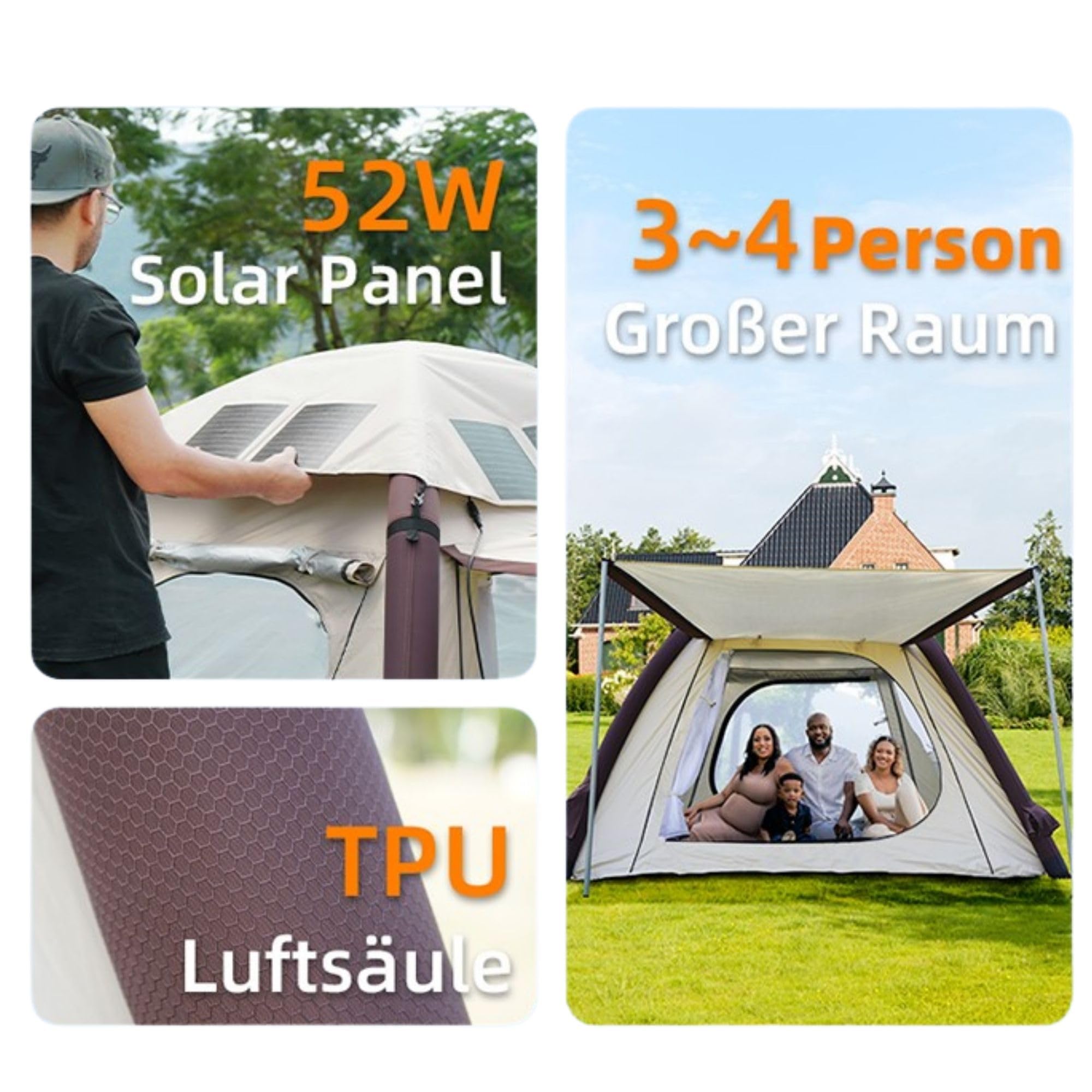 zelt mit solardach Automatisch aufblasbares Campingzelt 52W Solardach, 2–4 Personen, 210T Polyester, Wasserdicht, Auto Aufpumpen in 3 Min, TPU-Luftsäule, USB & Type-C Stromausgang, Familien- & Auto-Camping Sport & Freizeit Color:Clear/LT.Blue/Blue Colour_Lemlime Bulls LT CX 500