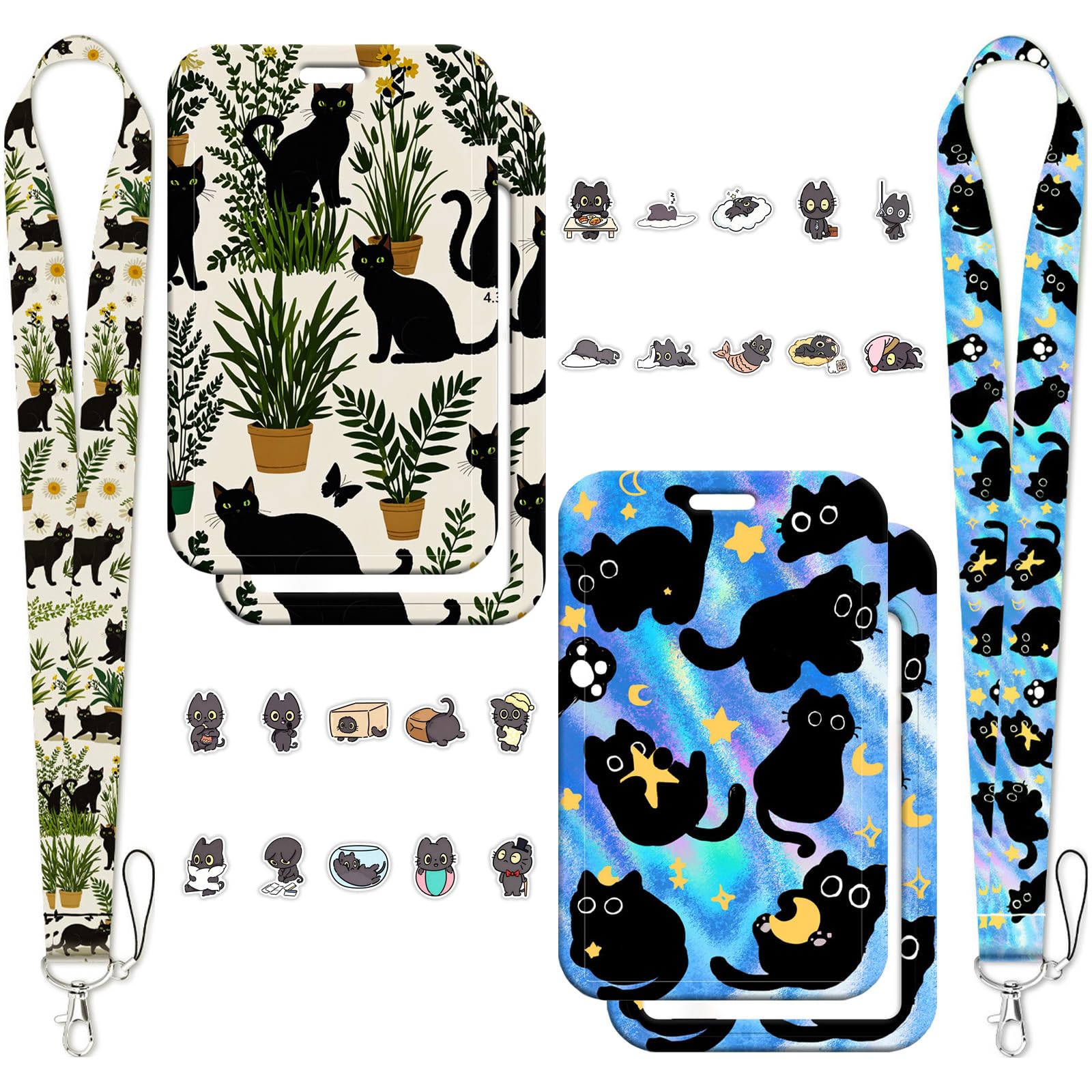LHLZNB 27PCS Cat Badge Holder Set, 2 Caticon ID Card Holders with 25 Black Cat Stickers for Office Work Travel Lanyard Alternative