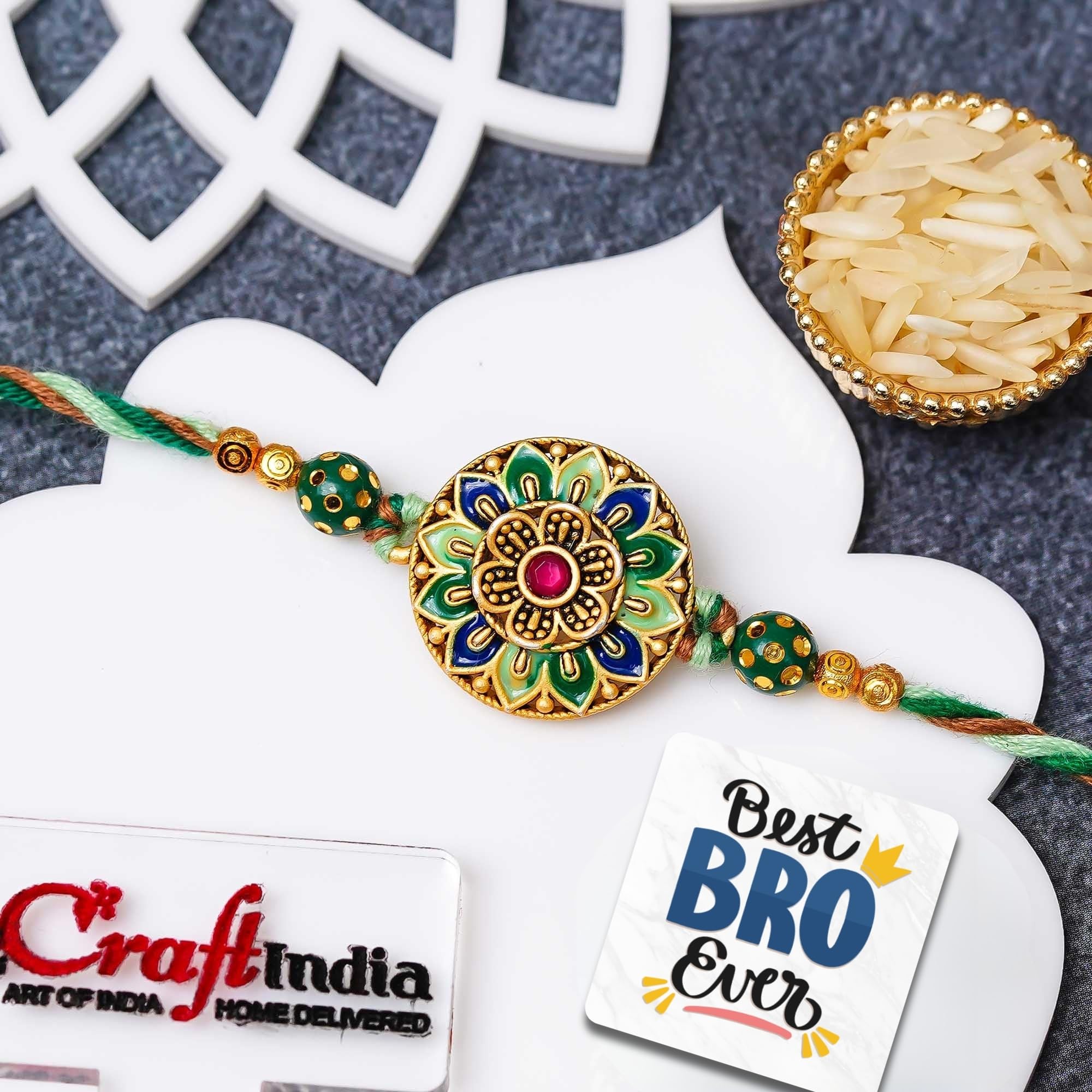 eCraftIndia Multicolor Flower Designer Rakhi for Brother With Gift Combo Set | Raksha Bandhan Rakhi for Bhai Bhaiya | Best Bro Ever Fridge Magnet | Roli Chawal Pack