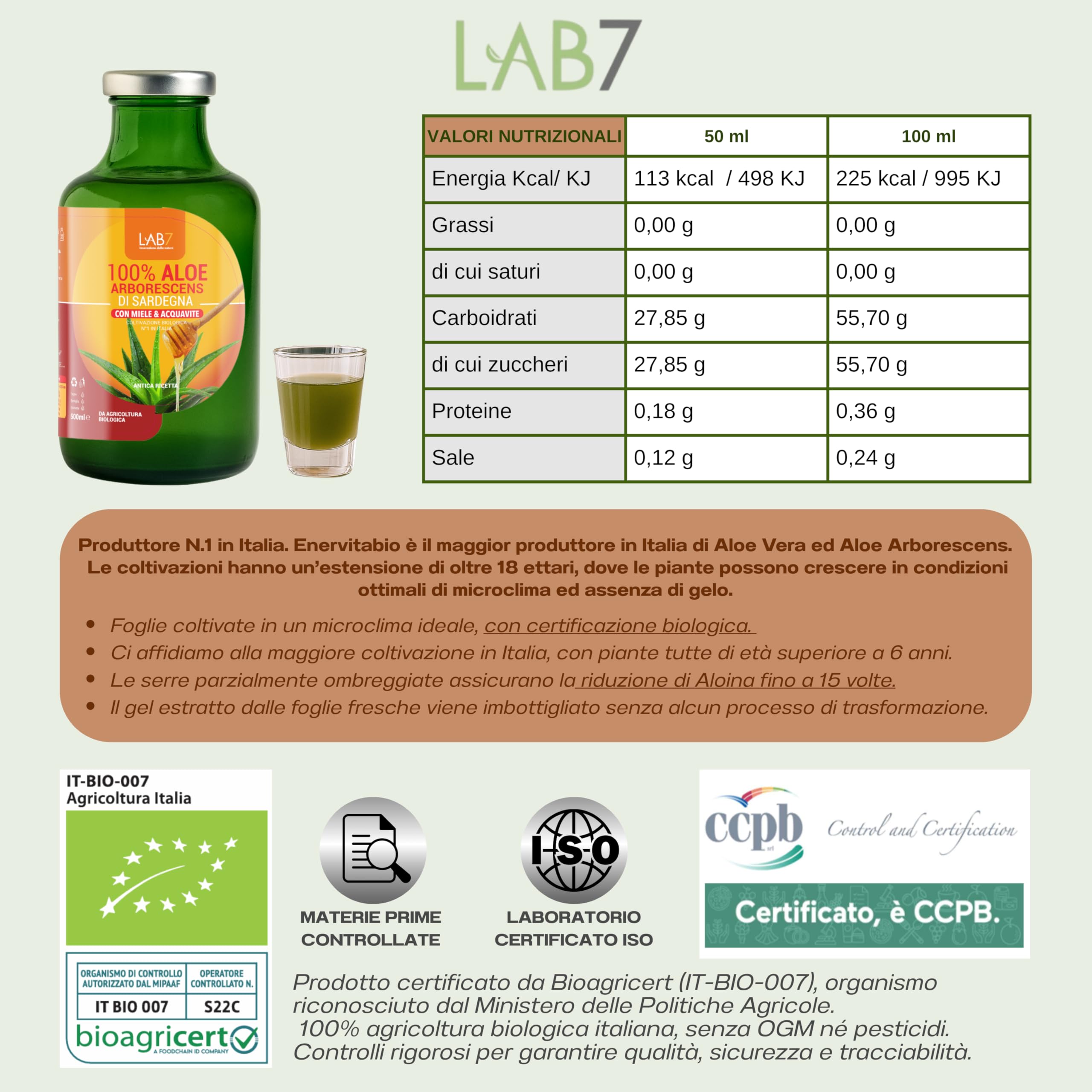 Lab7 Aloe 100% Arborescens di Sardegna Depurativo e Drenante, 500ml