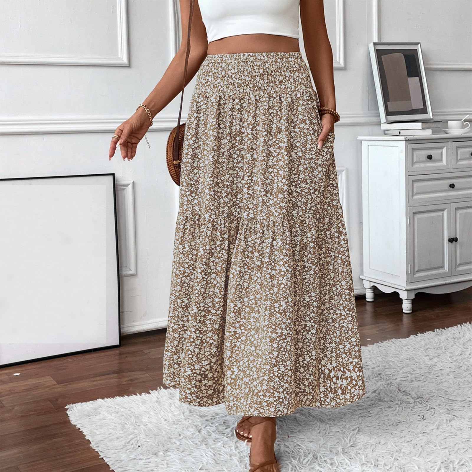 Damen Rock Lang Elegant Sommerrock Mit Taschen Stretch High Waist Damenröcke Boho Strand Summer Skirt